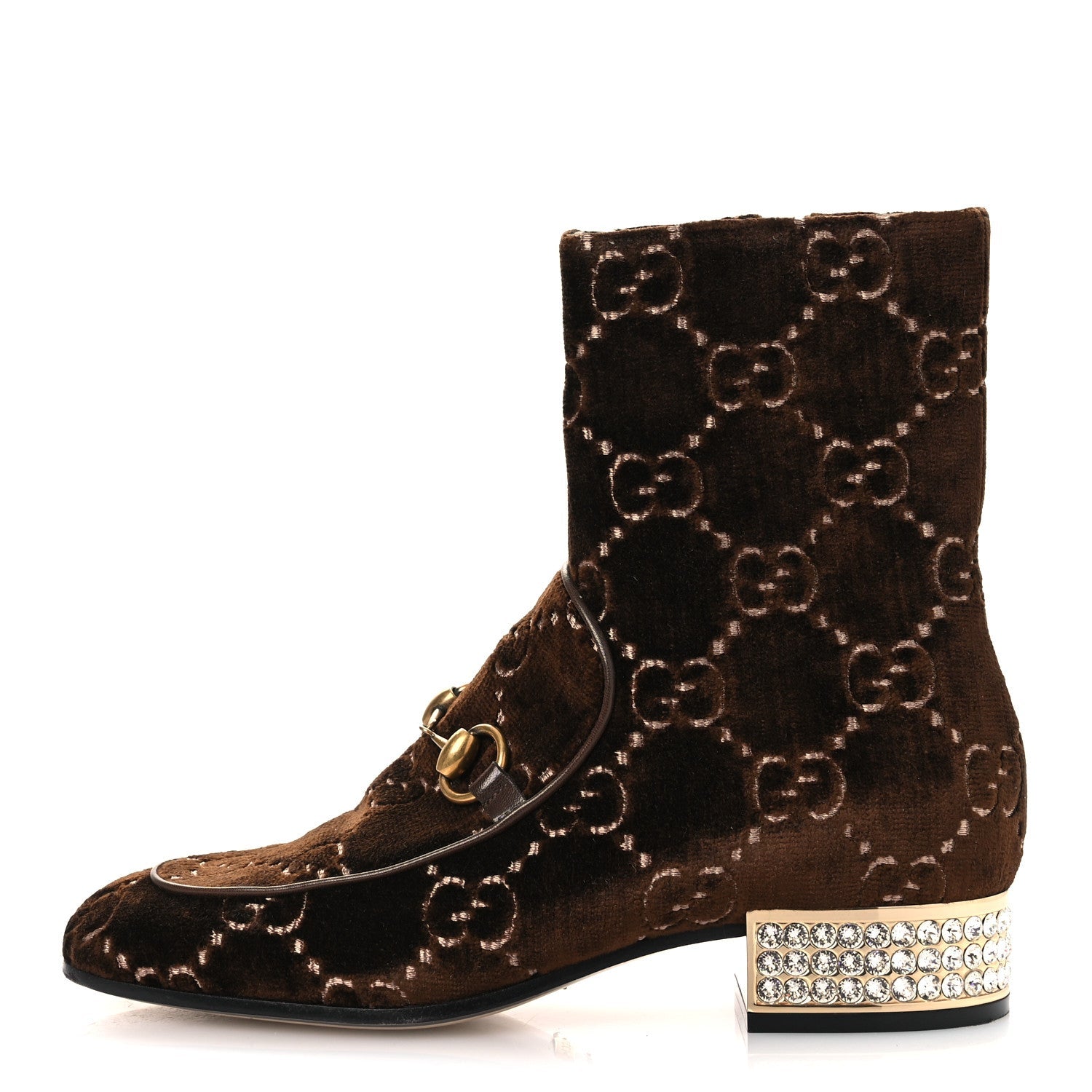 Velvet GG Monogram Crystal Horsebit Ankle Boots 37 Brown Vintage Cocoa