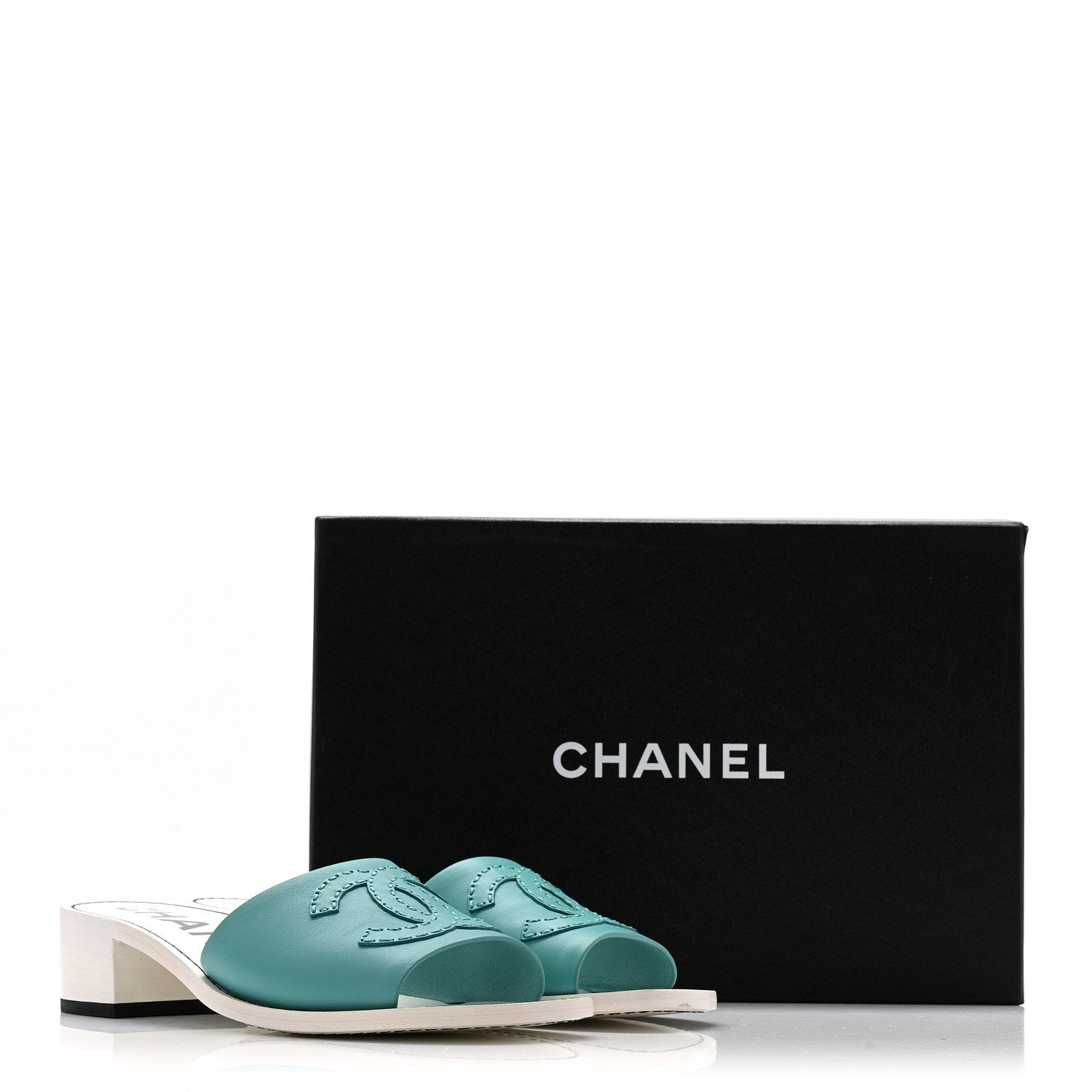 Calfskin CC Mules 39 Turquoise White