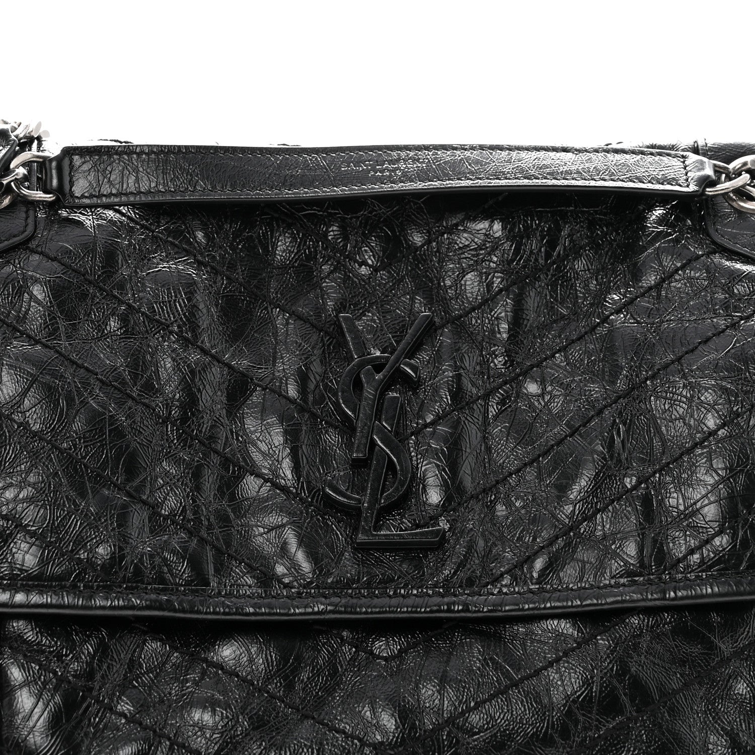 Crinkled Calfskin Matelasse Monogram Medium Niki Chain Satchel Black