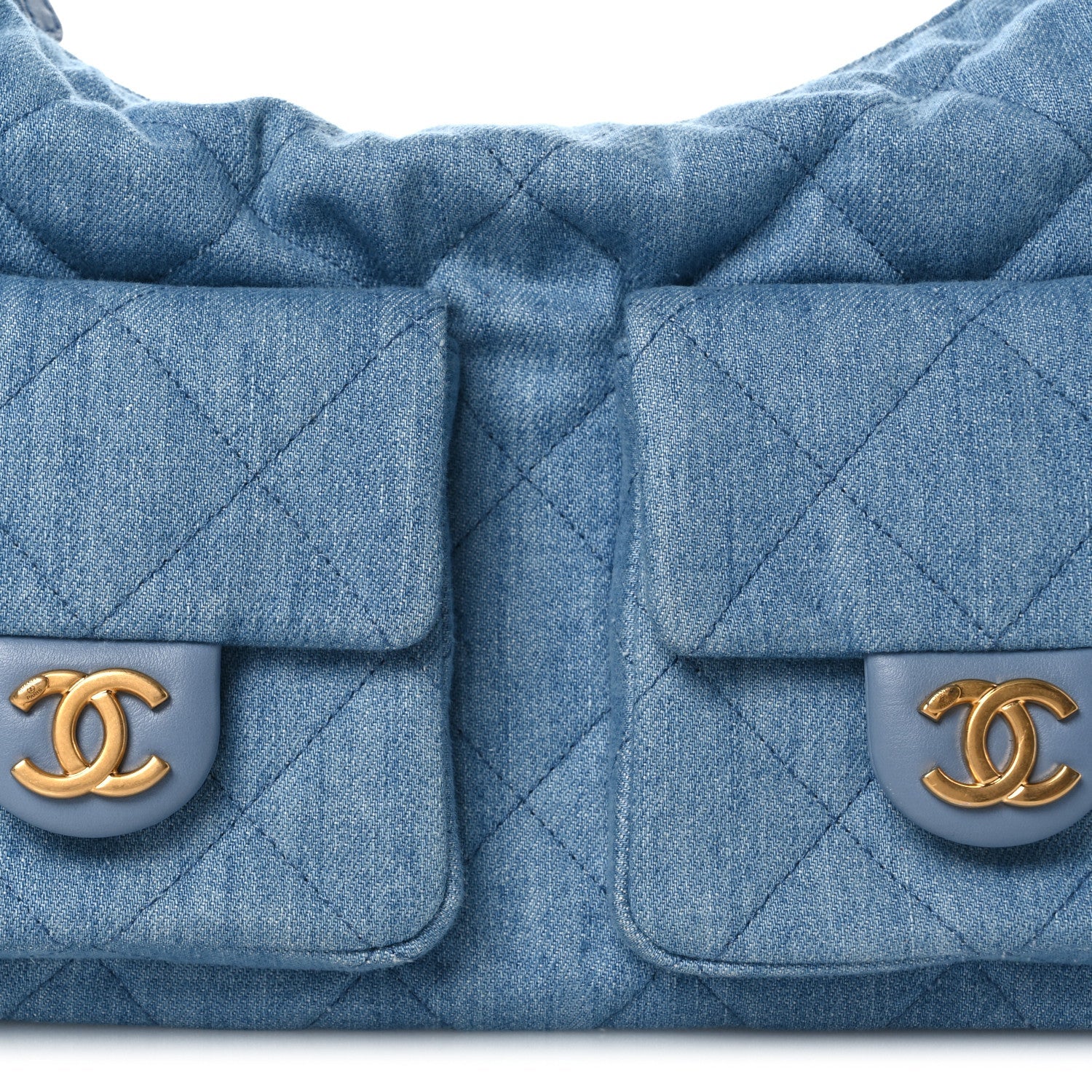 Washed Denim Quilted Large Trendy Pockets Hobo Blue