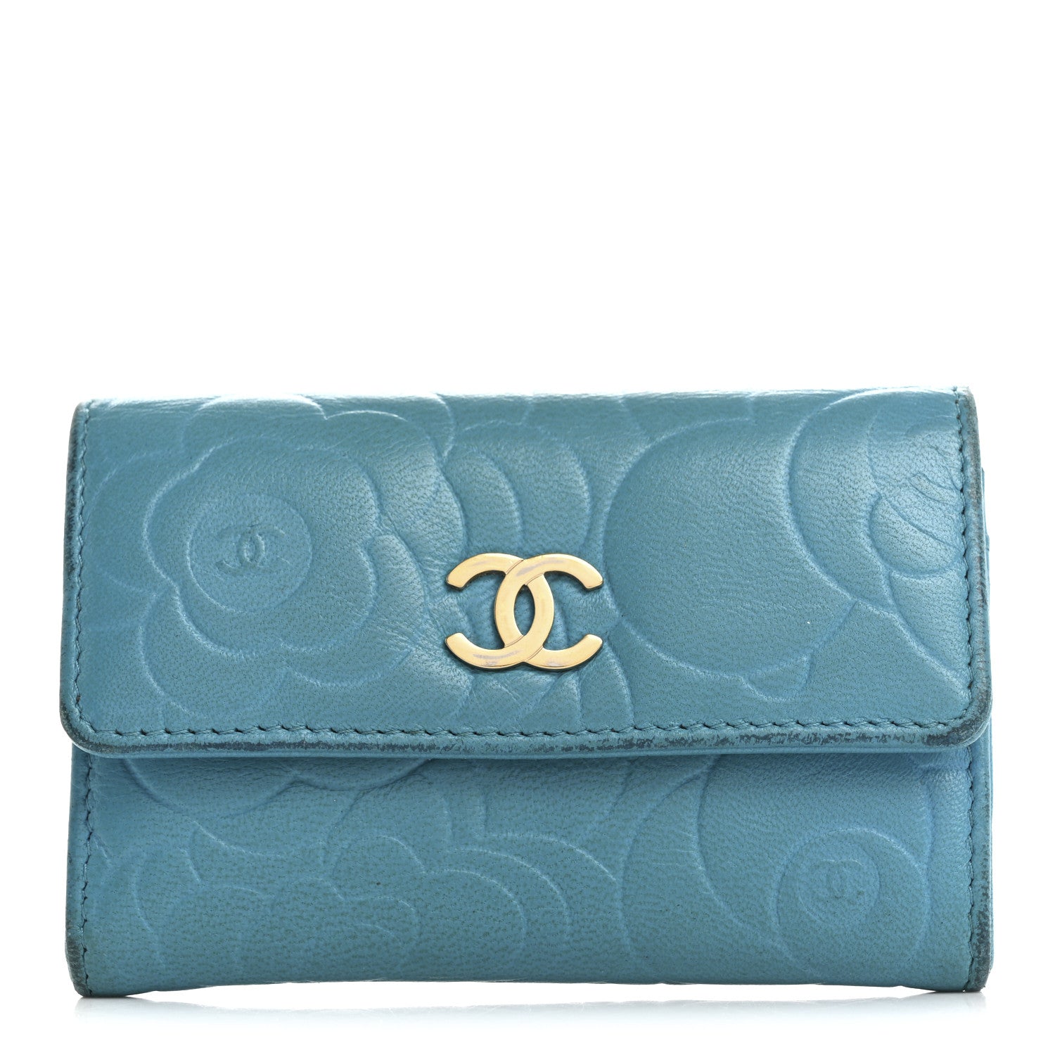 Lambskin Camellia Embossed Flap Card Holder Blue