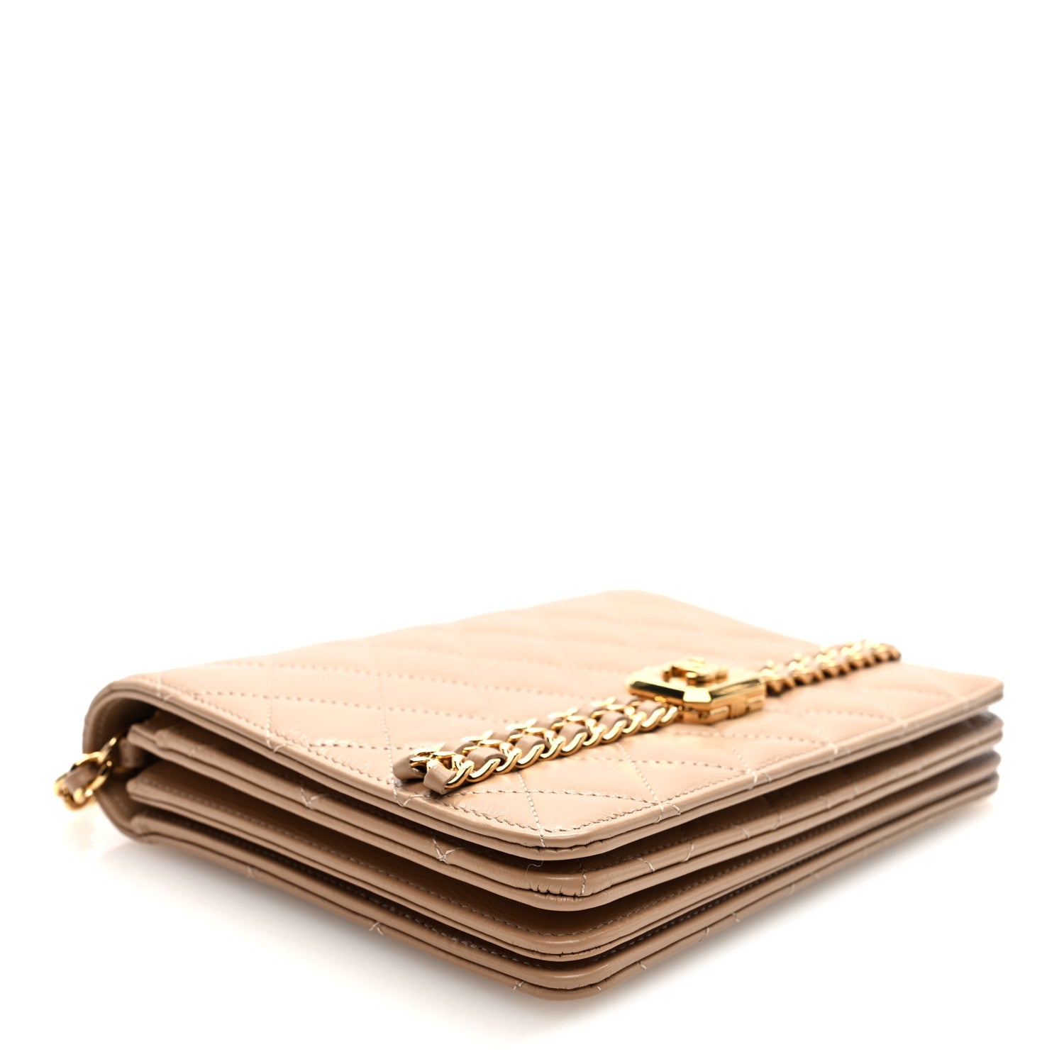 Shiny Aged Calfskin Quilted Clutch With Chain Dark Beige