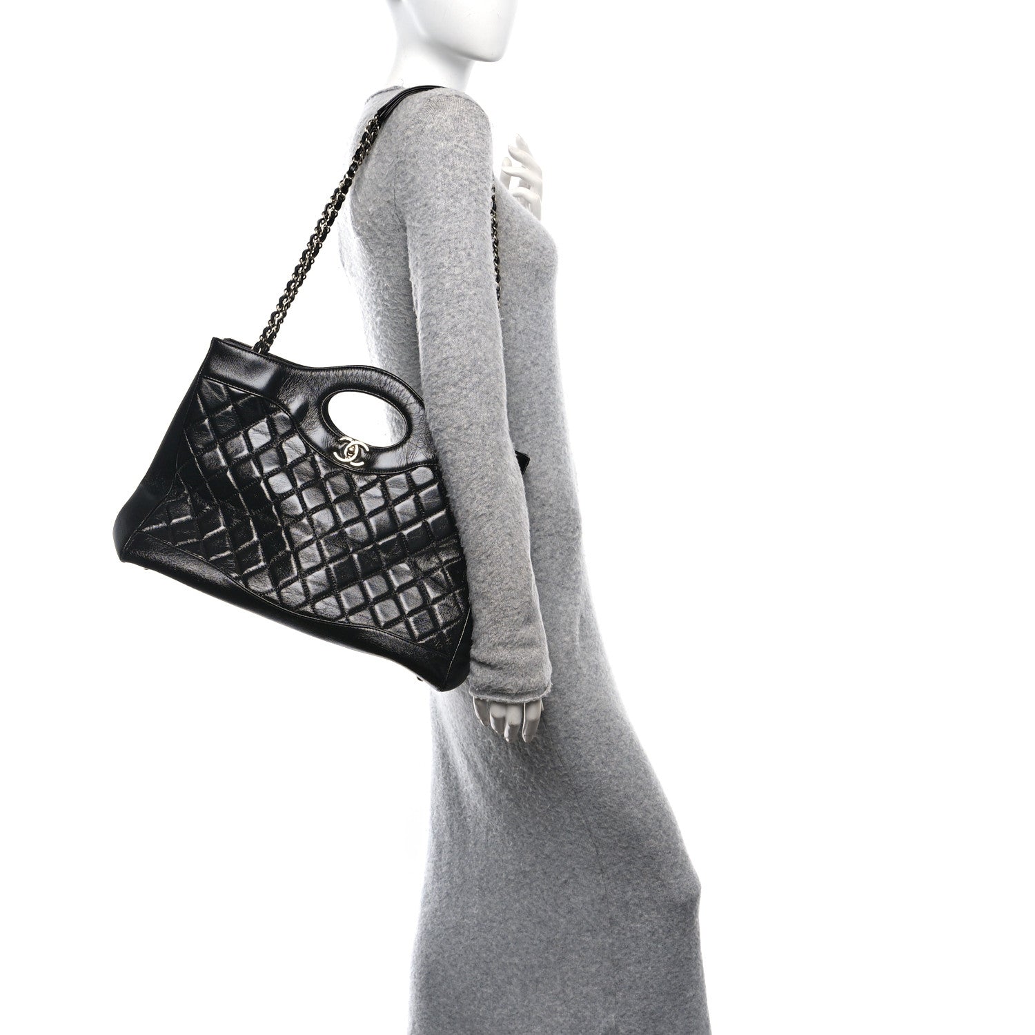 Shiny Crumpled Calfskin Quilted Large 31 Shopping Bag Black