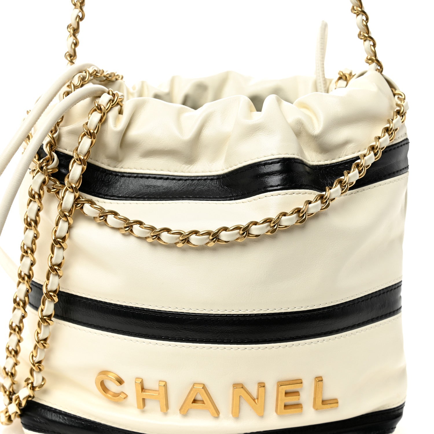 Shiny Calfskin Striped Mini Chanel 22 White Black