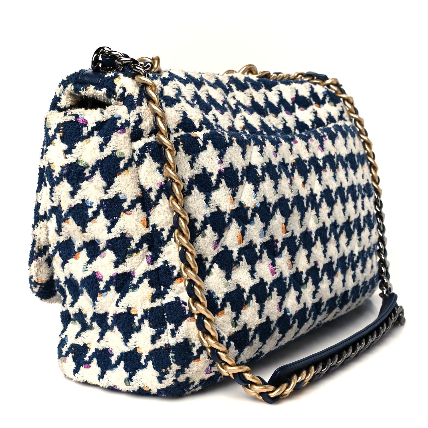 Tweed Quilted Maxi Chanel 19 Flap Ecru Navy Blue Multicolor