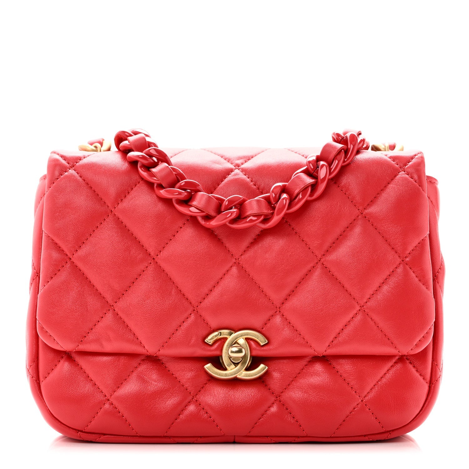 Lambskin Quilted Small Lacquered Chain Flap Red