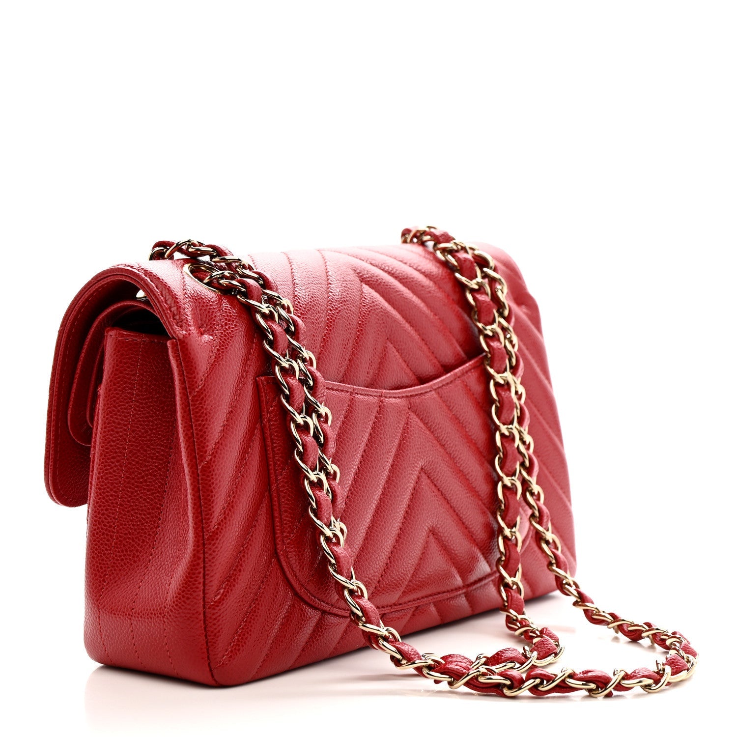Caviar Chevron Quilted Small Double Flap Red