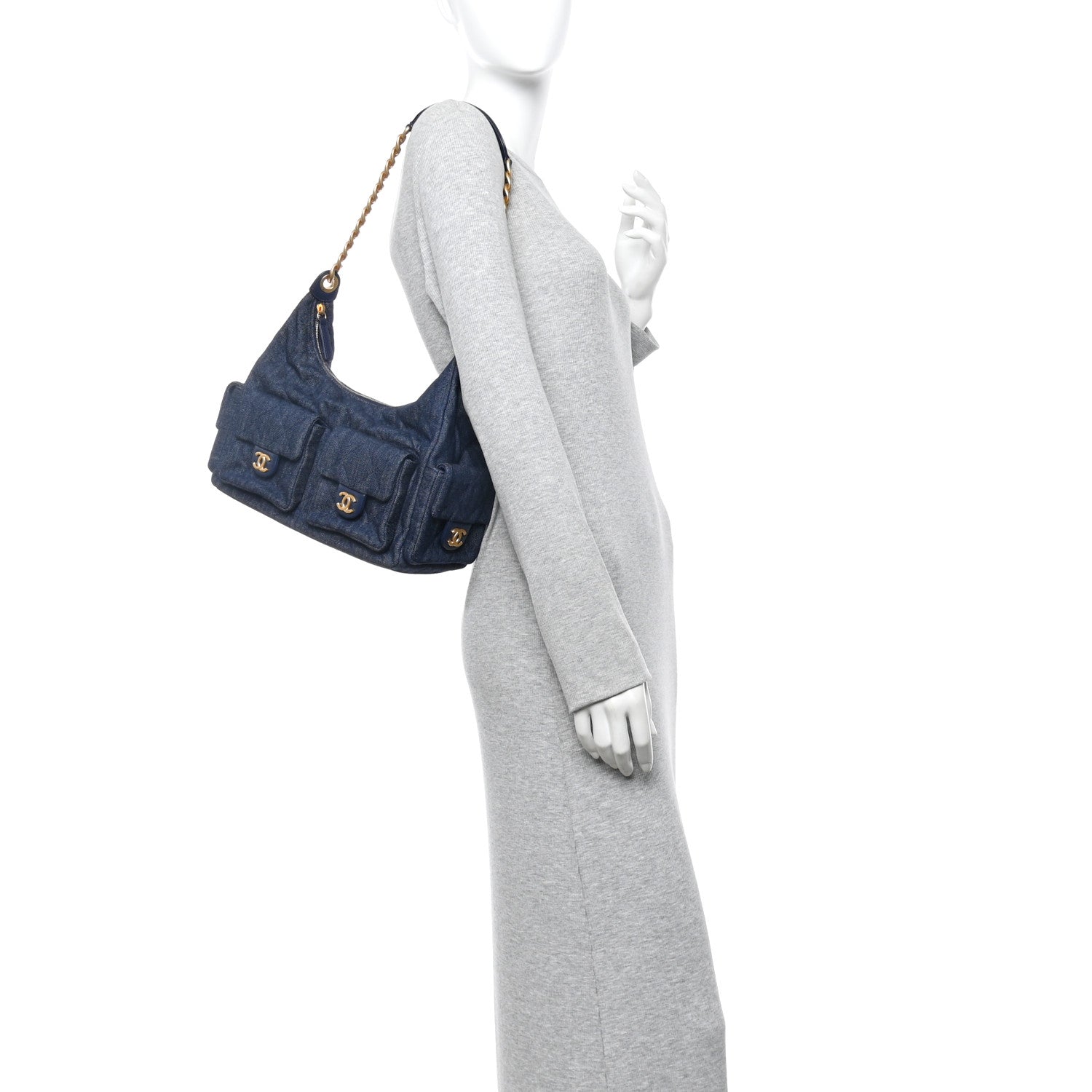 Washed Denim Quilted Maxi Trendy Pockets Hobo Dark Blue