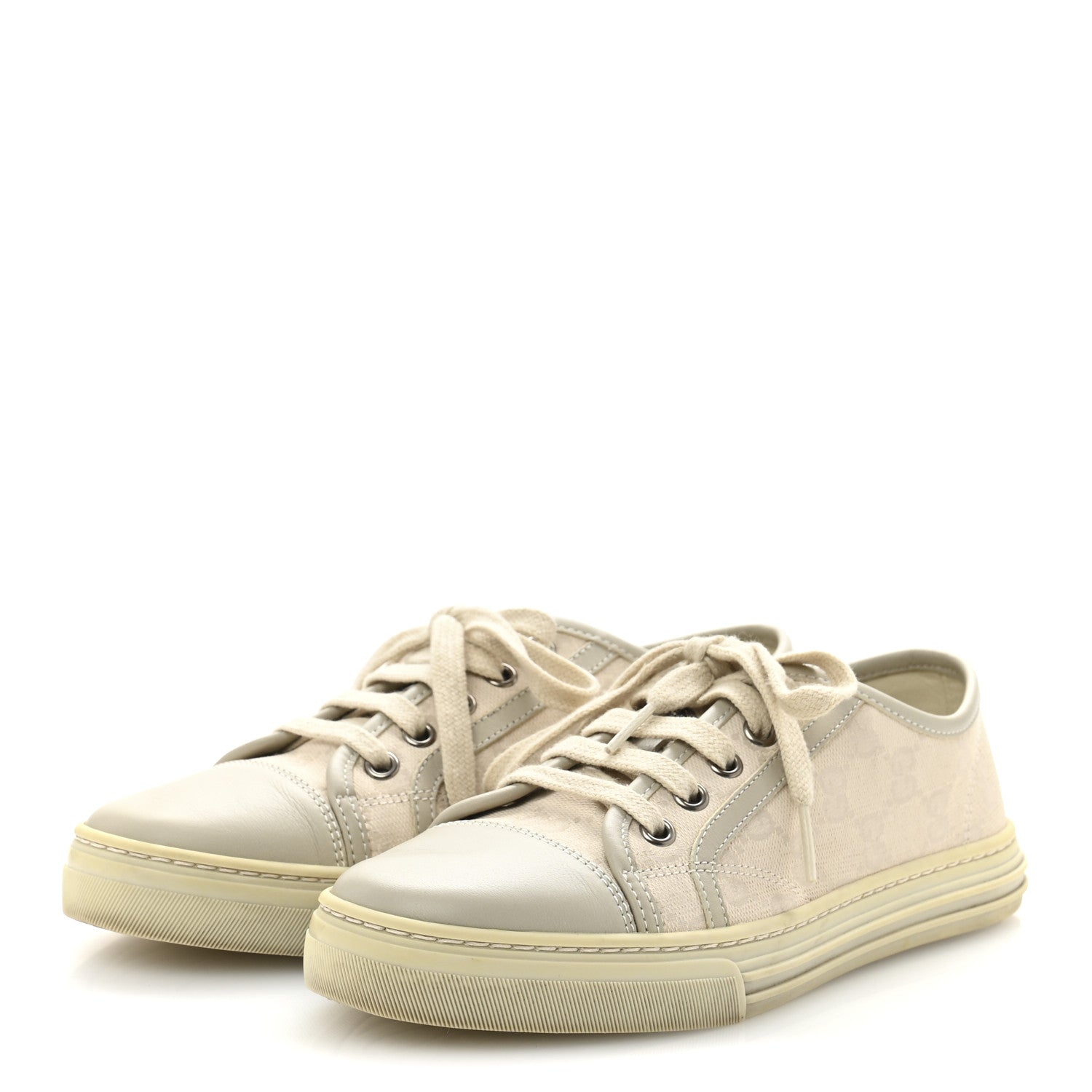 Washed Cotton GG Monogram Calfskin Womens Low Top Sneakers 35.5 White Mystic White Great White