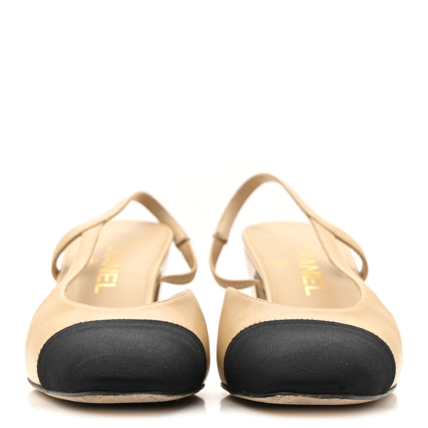Goatskin Grosgrain Cap Toe CC Slingback Pumps 38.5 Beige Black