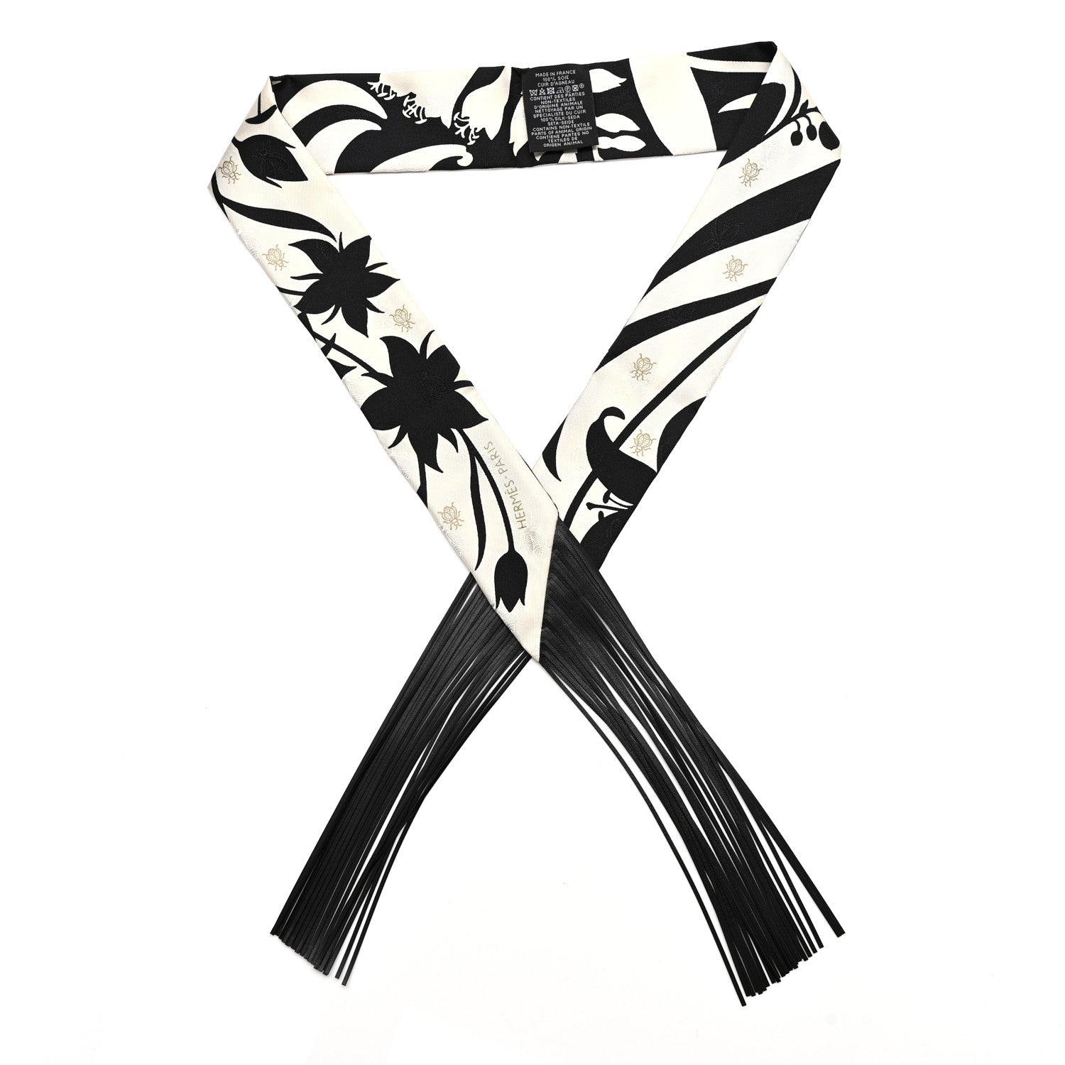 Silk Calfskin Bouquet Final Fringed Twilly Creme Black