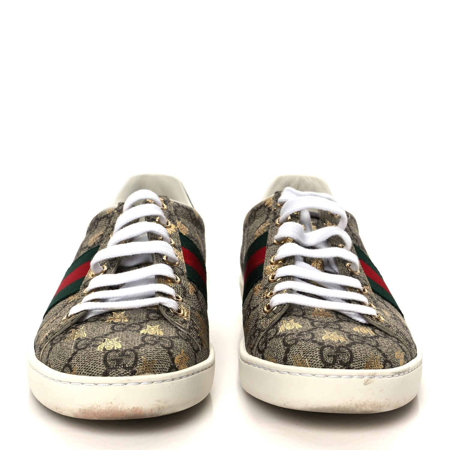 GG Supreme Monogram Bees Ayers Web Womens Ace Sneakers 37 Beige Oro Green Red
