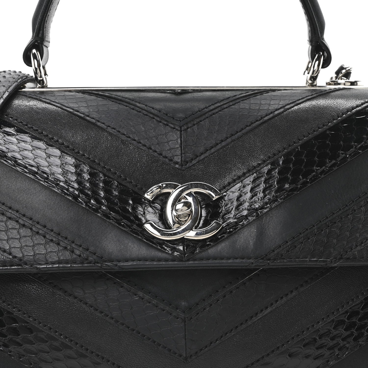 Calfskin Sheepskin Watersnake Chevron Quilted CC Small Trendy CC Dual Handle Flap Bag Black