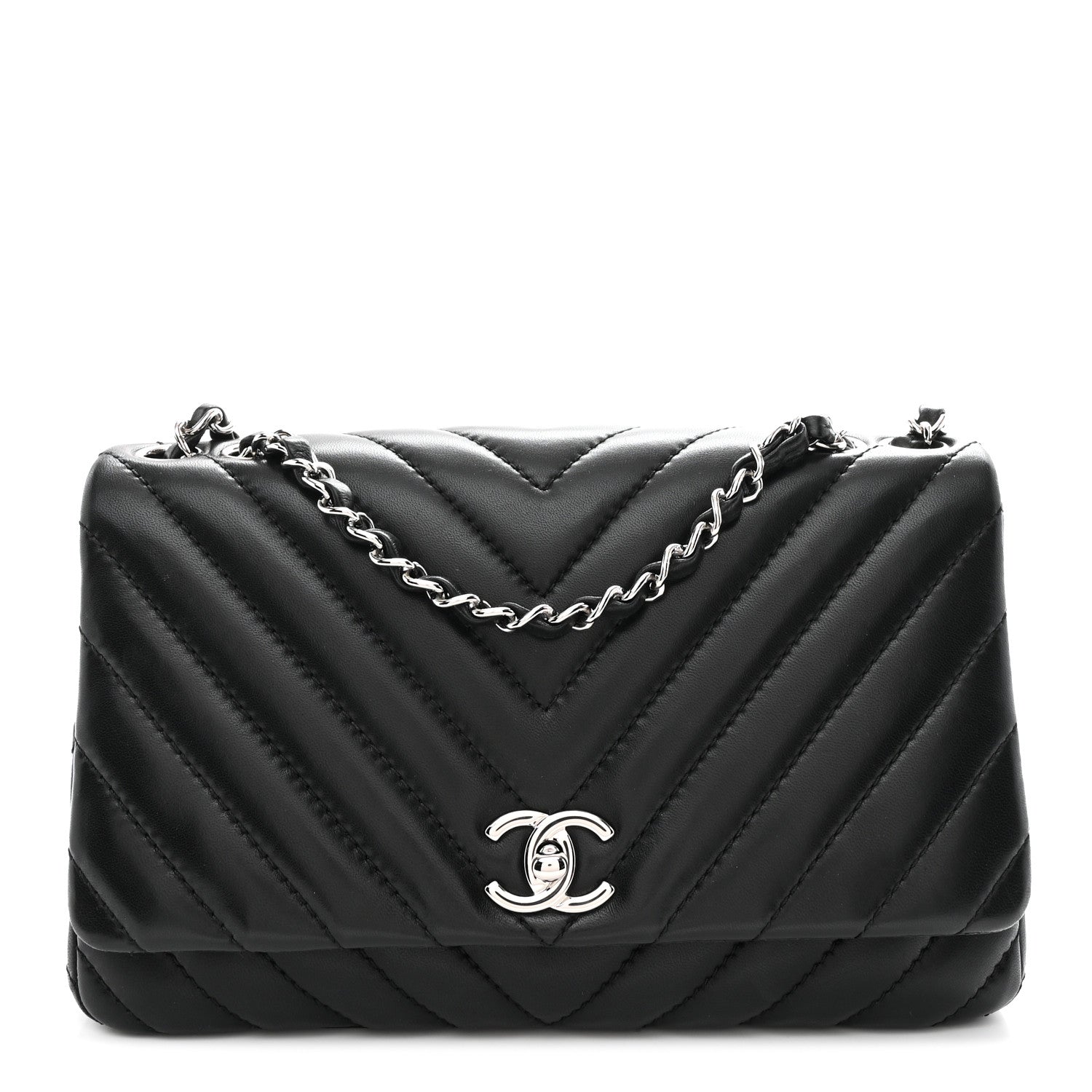 Lambskin Surpique Chevron Medium Single Flap Black