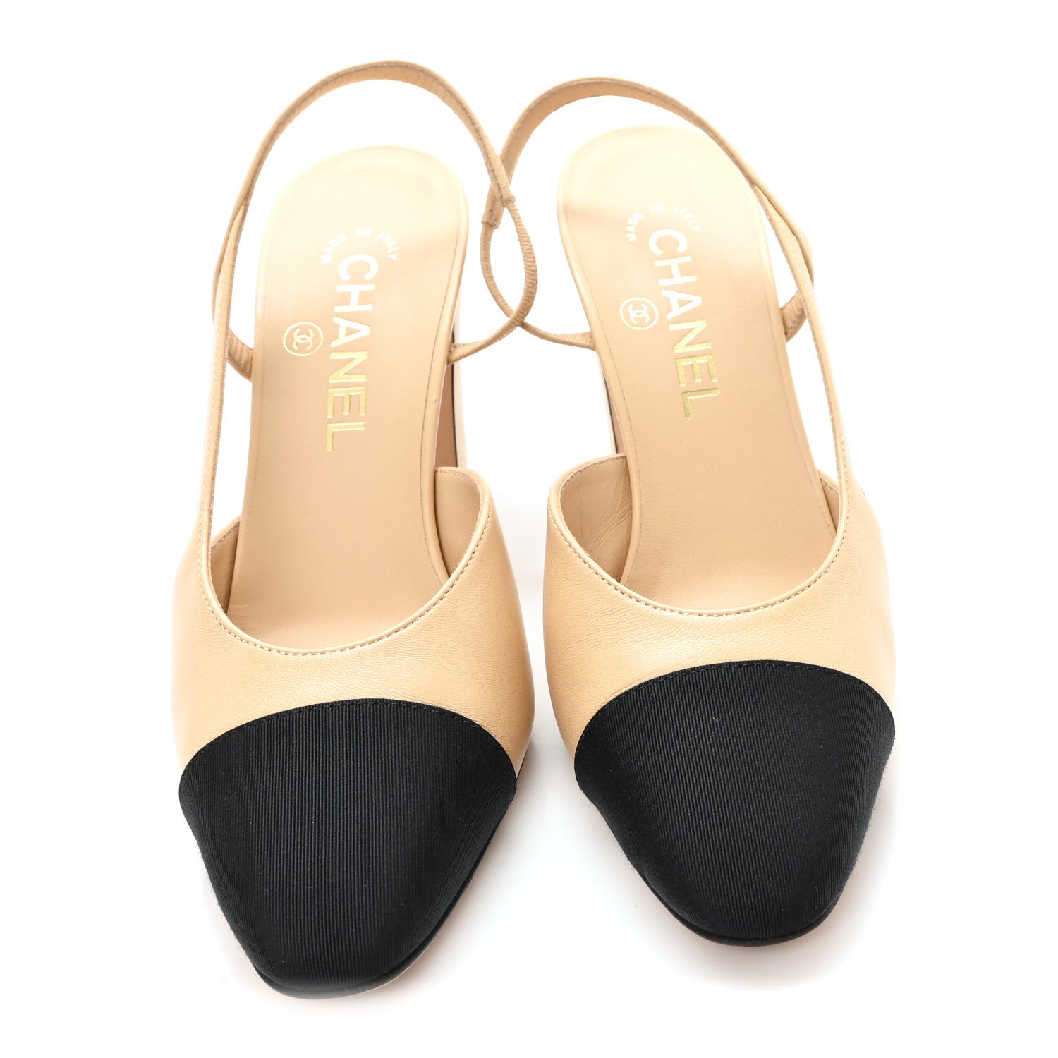 Goatskin Grosgrain Cap Toe CC Slingback Pumps 37 Beige Black