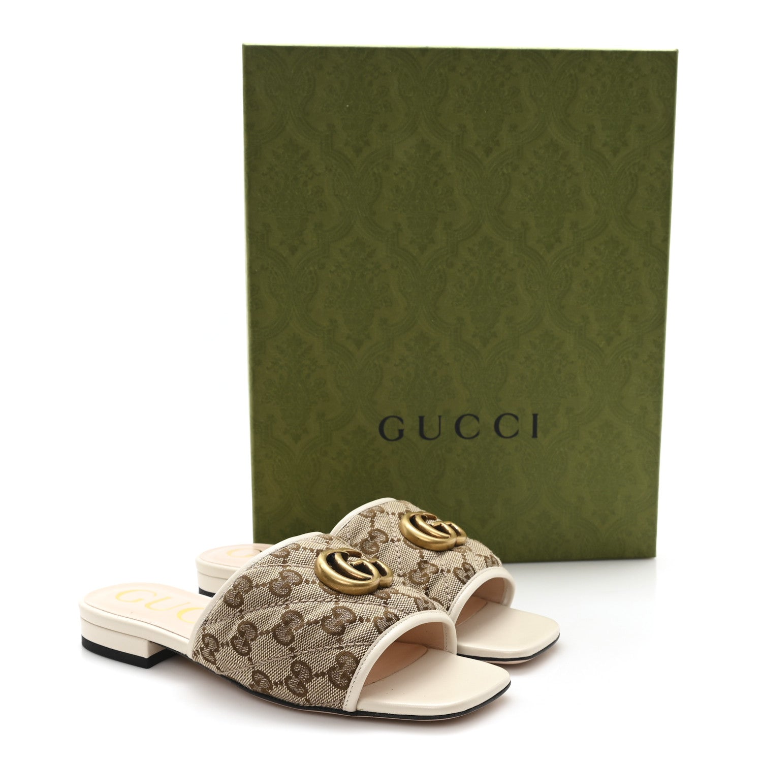 Monogram Matelasse Diagonal GG Marmont Flat Slide Sandals  35 Beige Ebony Mystic White