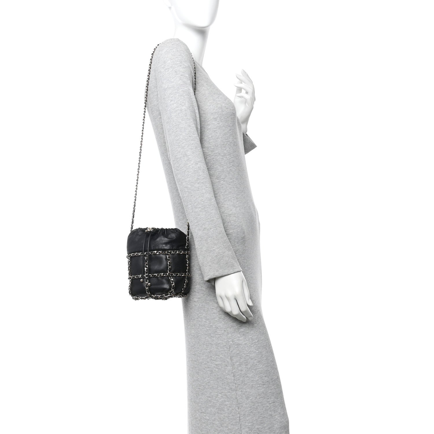 Lambskin Bucket Chain Drawstring Bag Black
