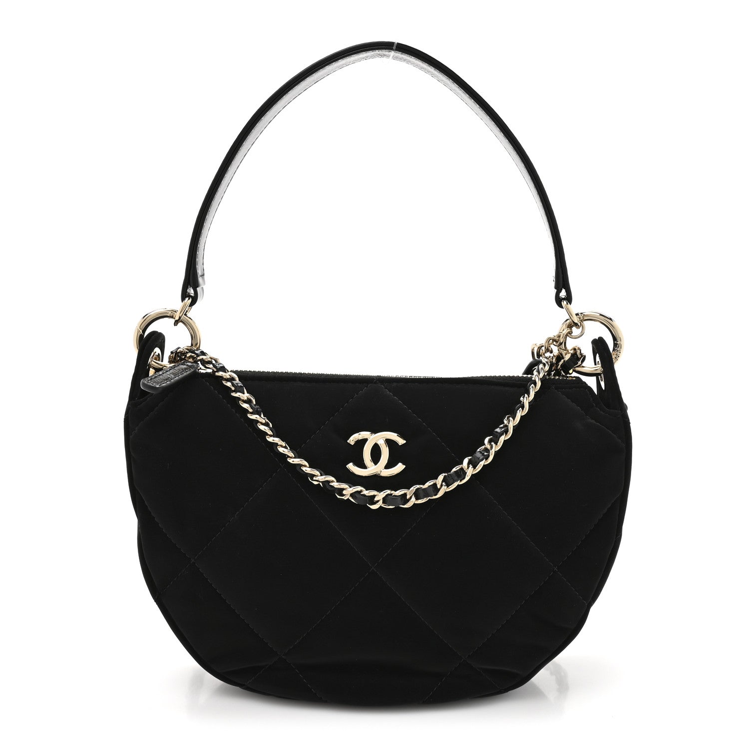 Velvet Effect Nylon Shiny Crumpled Calfskin Coco Neige Quilted Clutch With Chain Black