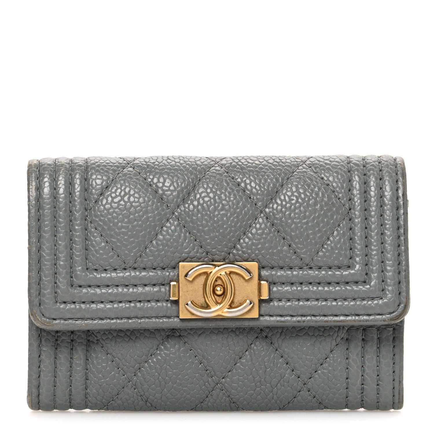 Caviar Quilted Boy Flap Card Holder Grey