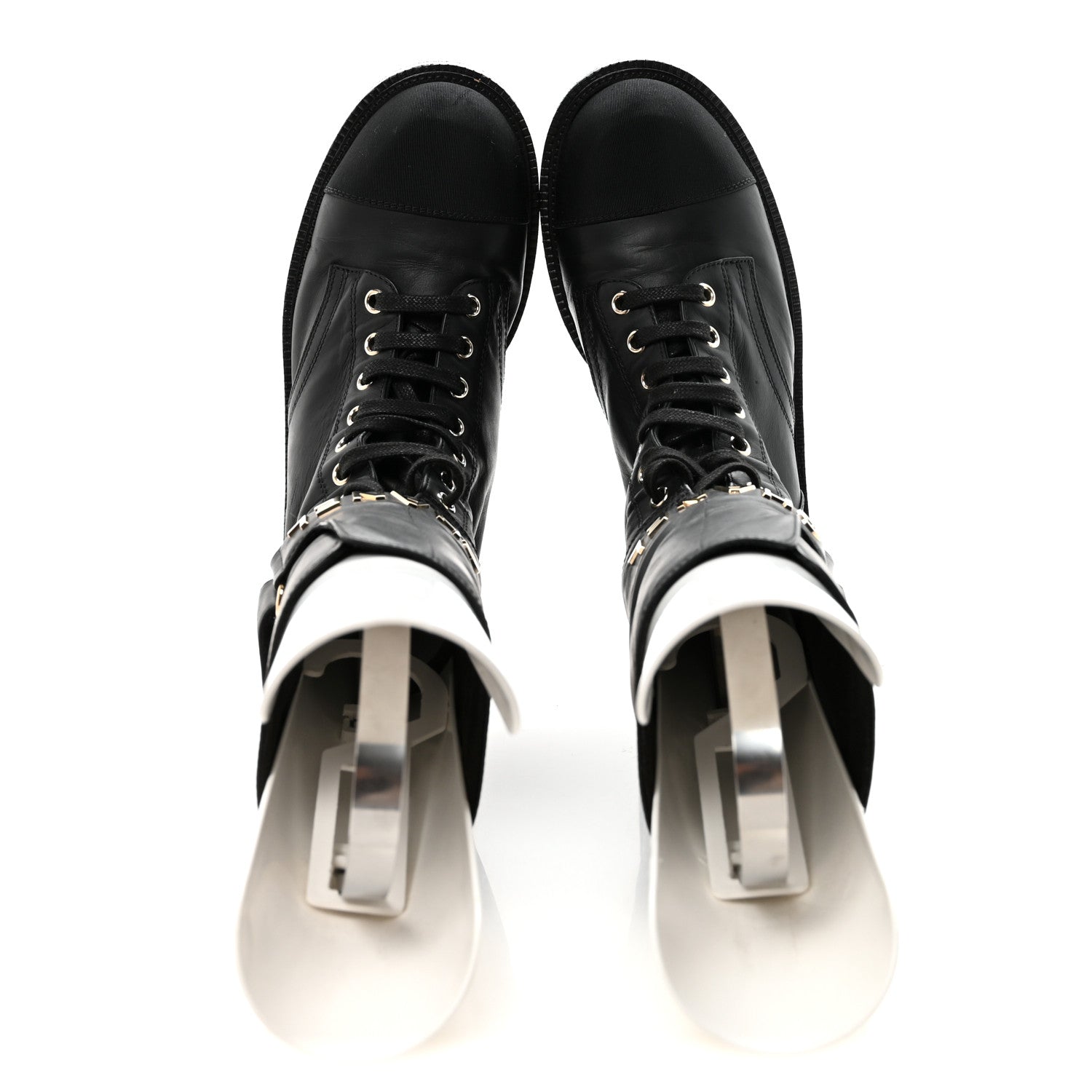 Shiny Calfskin Lace Up Combat Boots 37 Black
