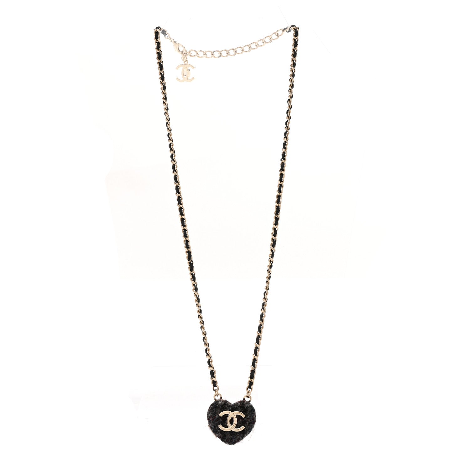 Tweed Lambskin CC Heart Locket Necklace Gold Black Beige