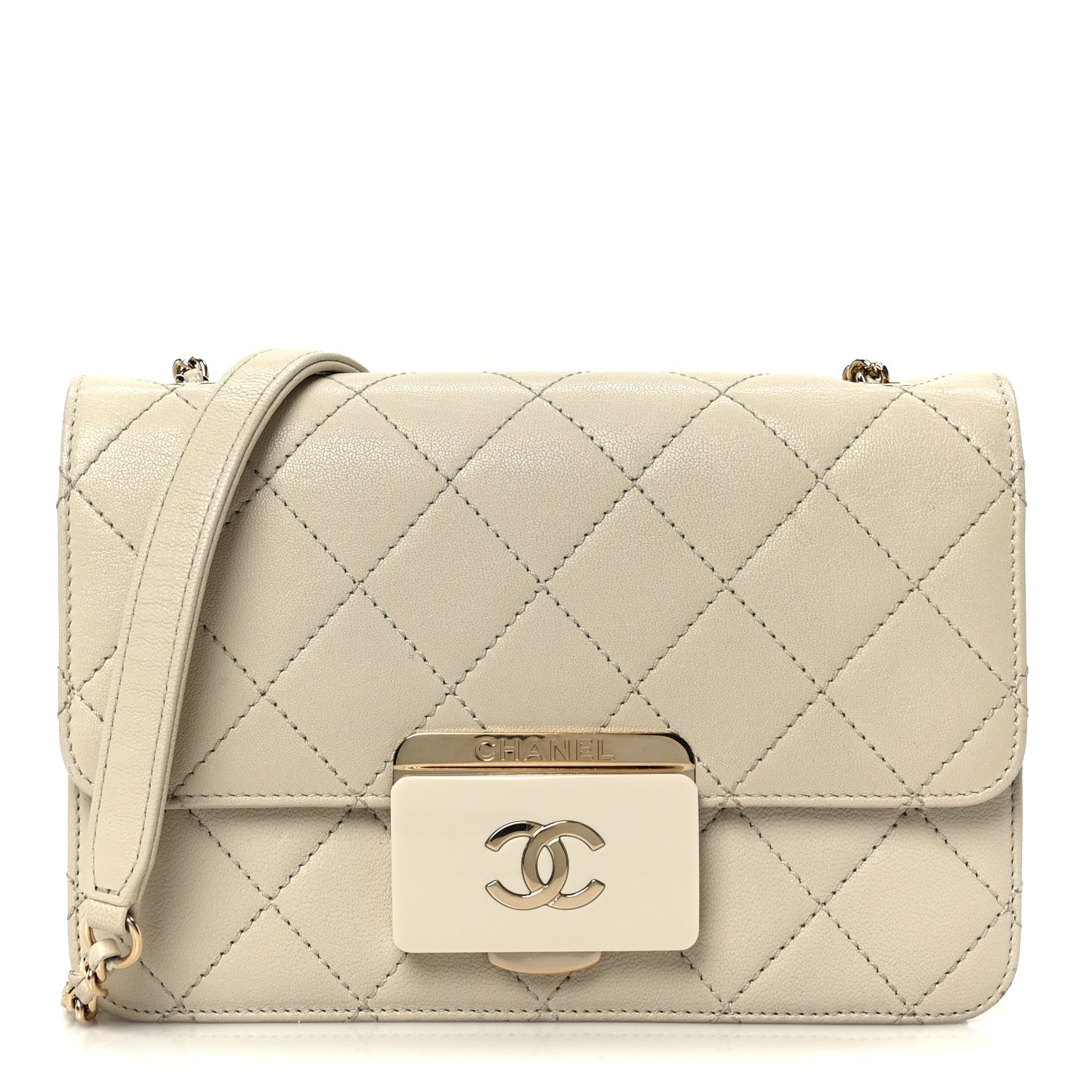 Sheepskin Quilted Mini Beauty Lock Flap Beige