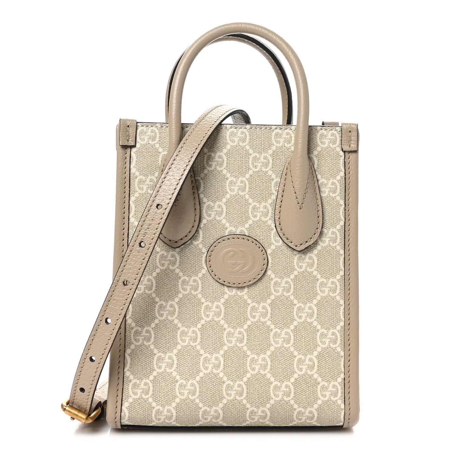 GG Supreme Monogram Textured Dollar Calfskin Mini Retro Interlocking G Tote Bag Beige Mystic White Oatmeal