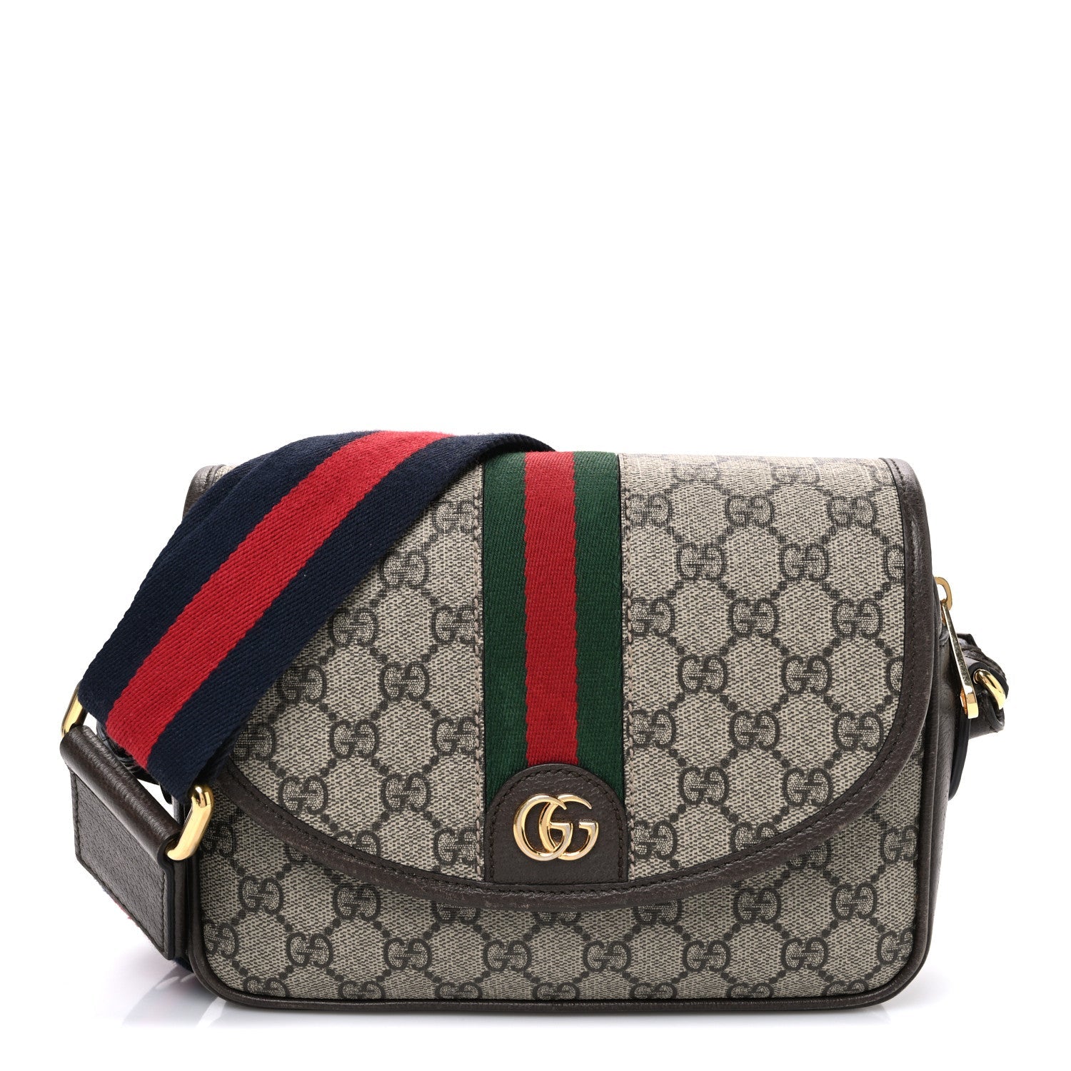 GG Supreme Monogram Textured Dollar Calfskin Web Studded Mini Ophidia Flap Shoulder Bag Beige Ebony New Acero