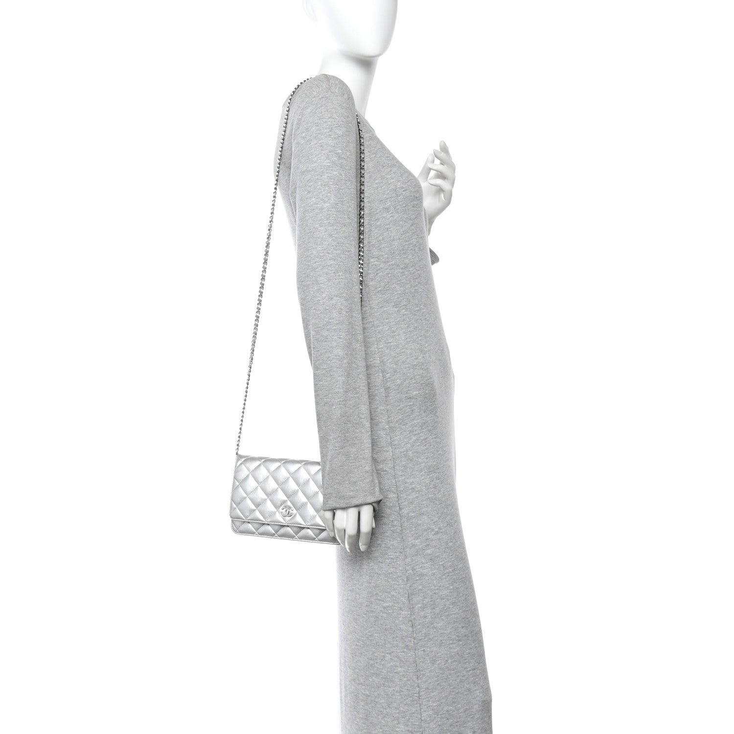 Metallic Lambskin Quilted Wallet On Chain WOC Silver