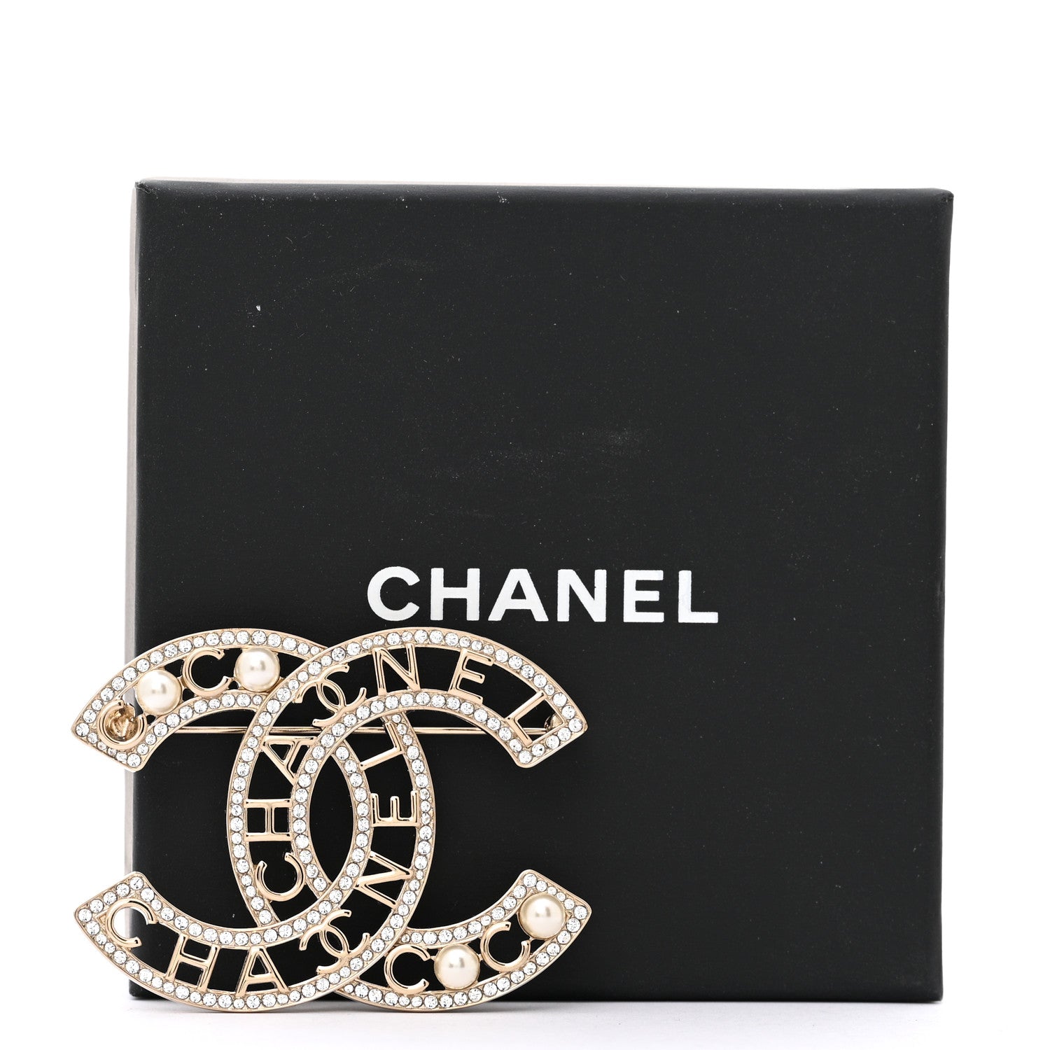 Crystal Pearl Coco CC Logo Brooch Gold
