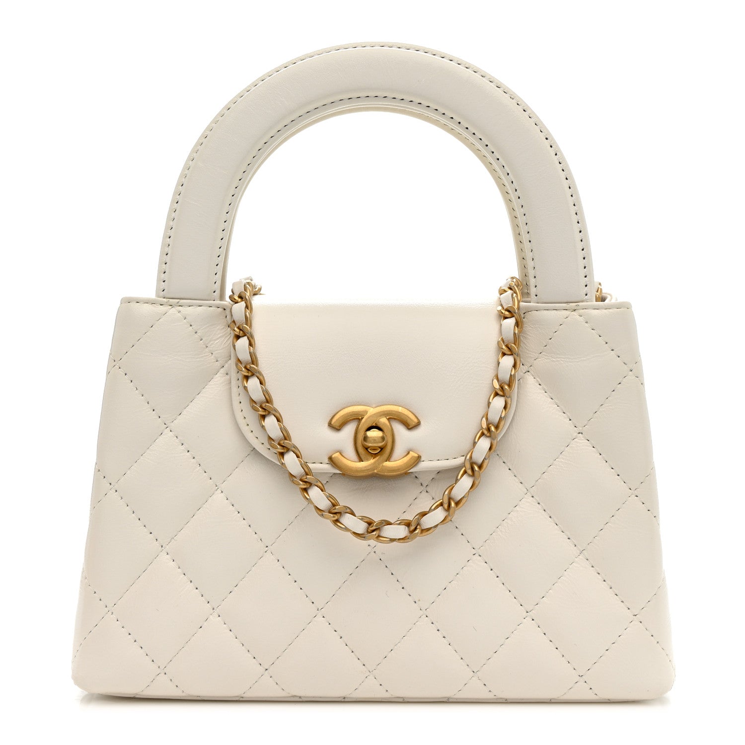 Shiny Aged Calfskin Quilted Nano Kelly Shopper White