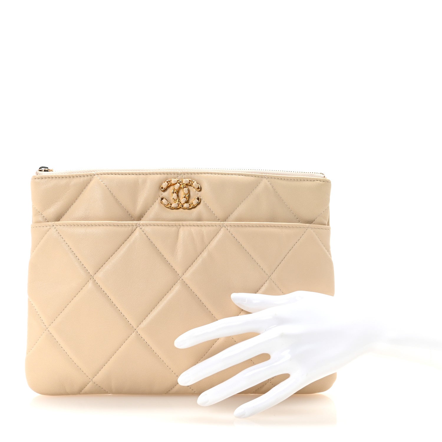 Shiny Goatskin Quilted Chanel 19 Pouch Beige