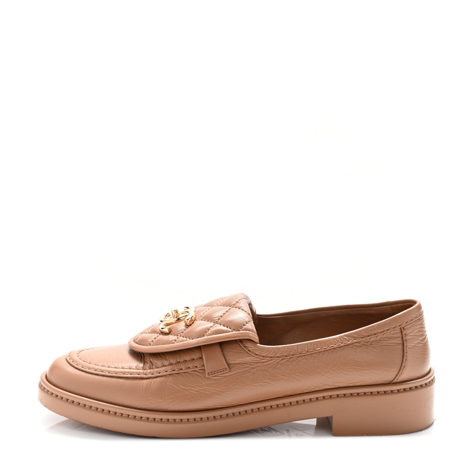 Crumpled Lambskin Quilted CC Turnlock Moccasins 37.5 Dark Beige