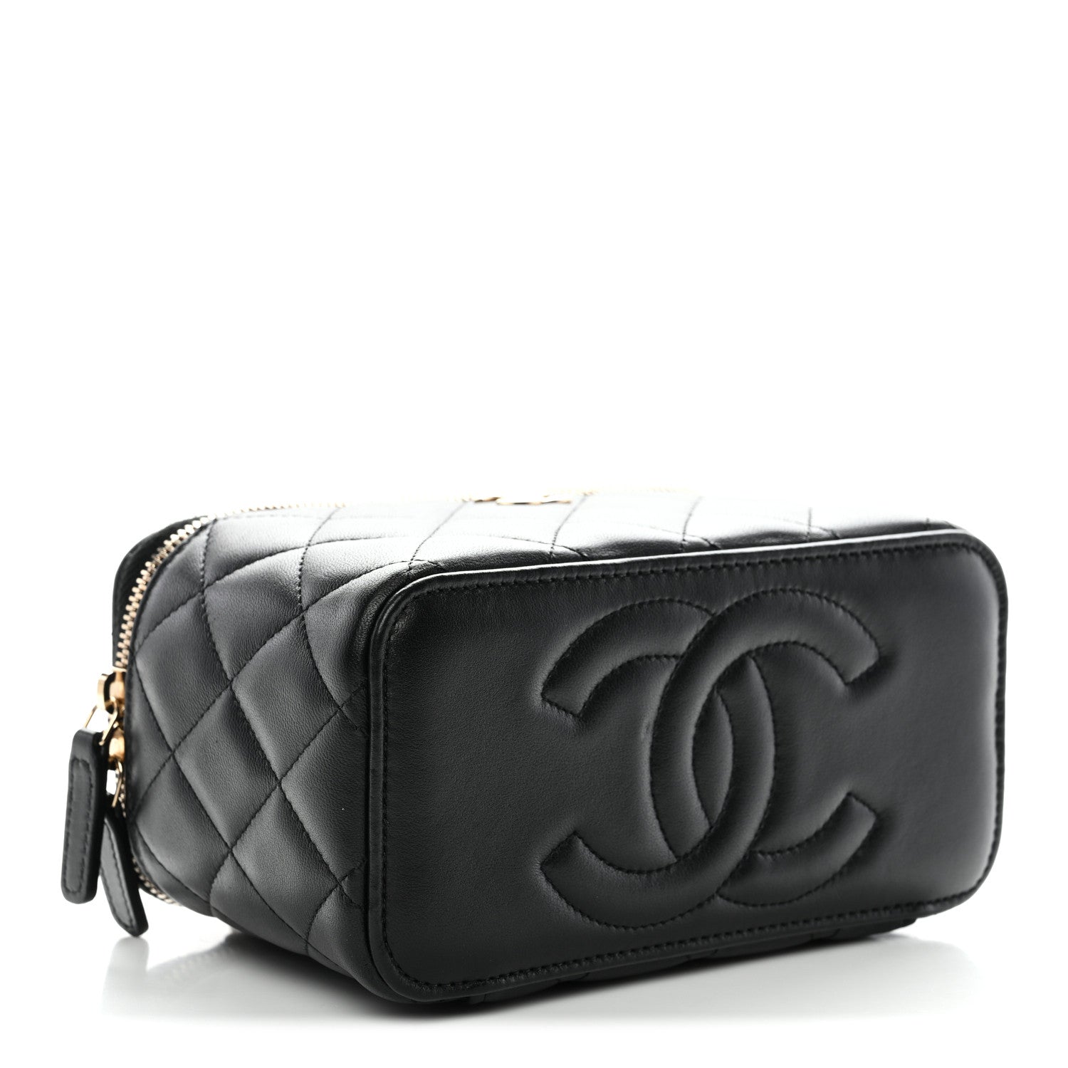 Lambskin Quilted Small Top Handle Vanity Case With Chain Black