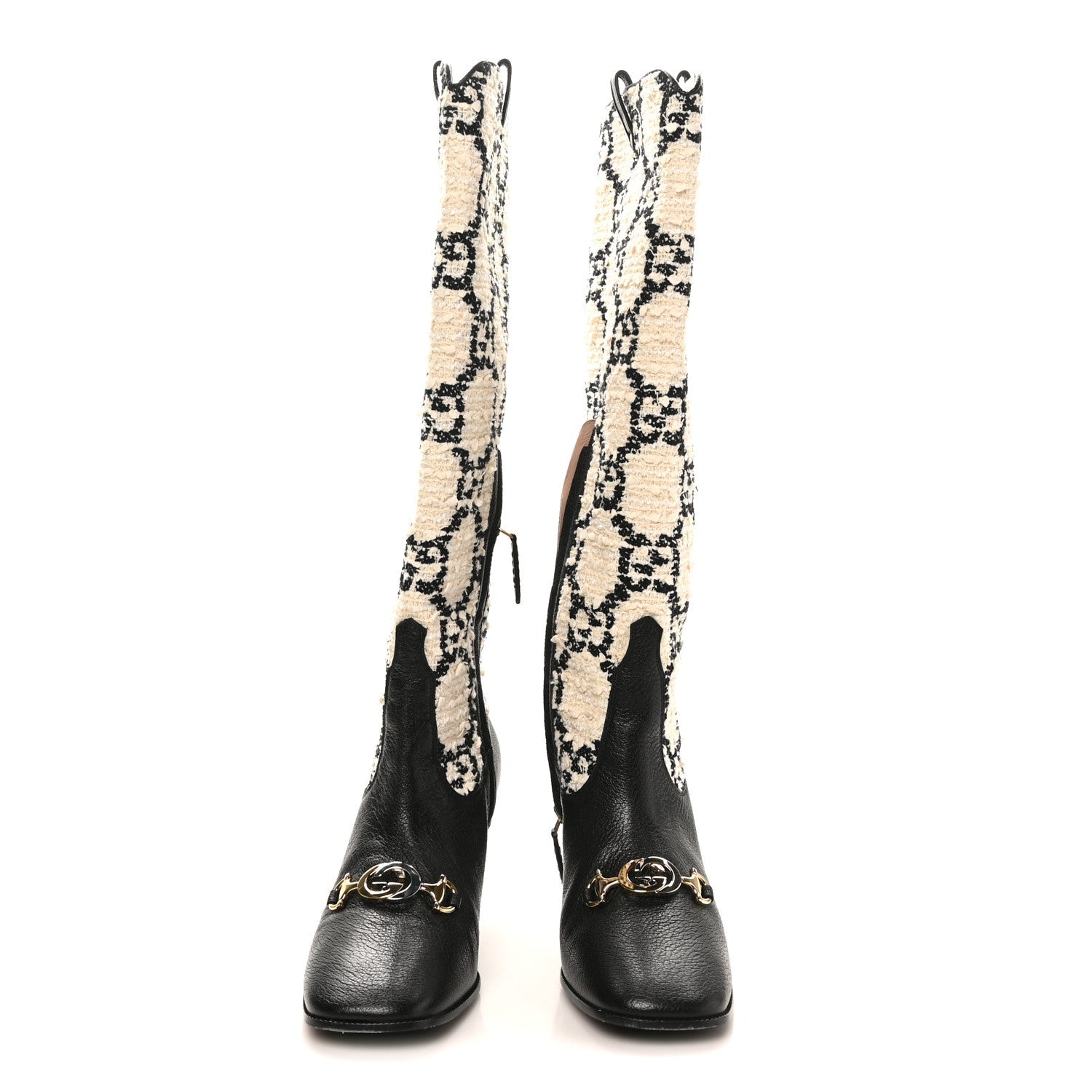 Tweed GG Monogram Wrinkled Kid Zumi Knee Boots 39.5 Natural Black