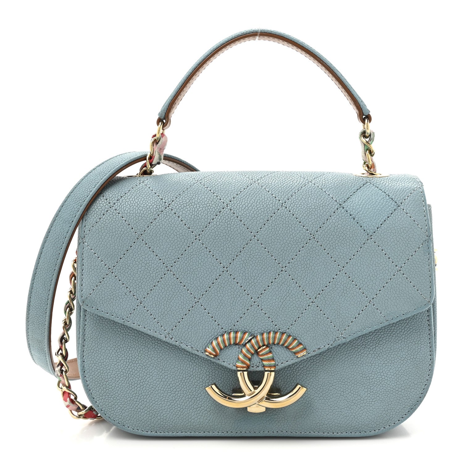 Grained Calfskin Quilted Small Cuba Top Handle Flap Blue