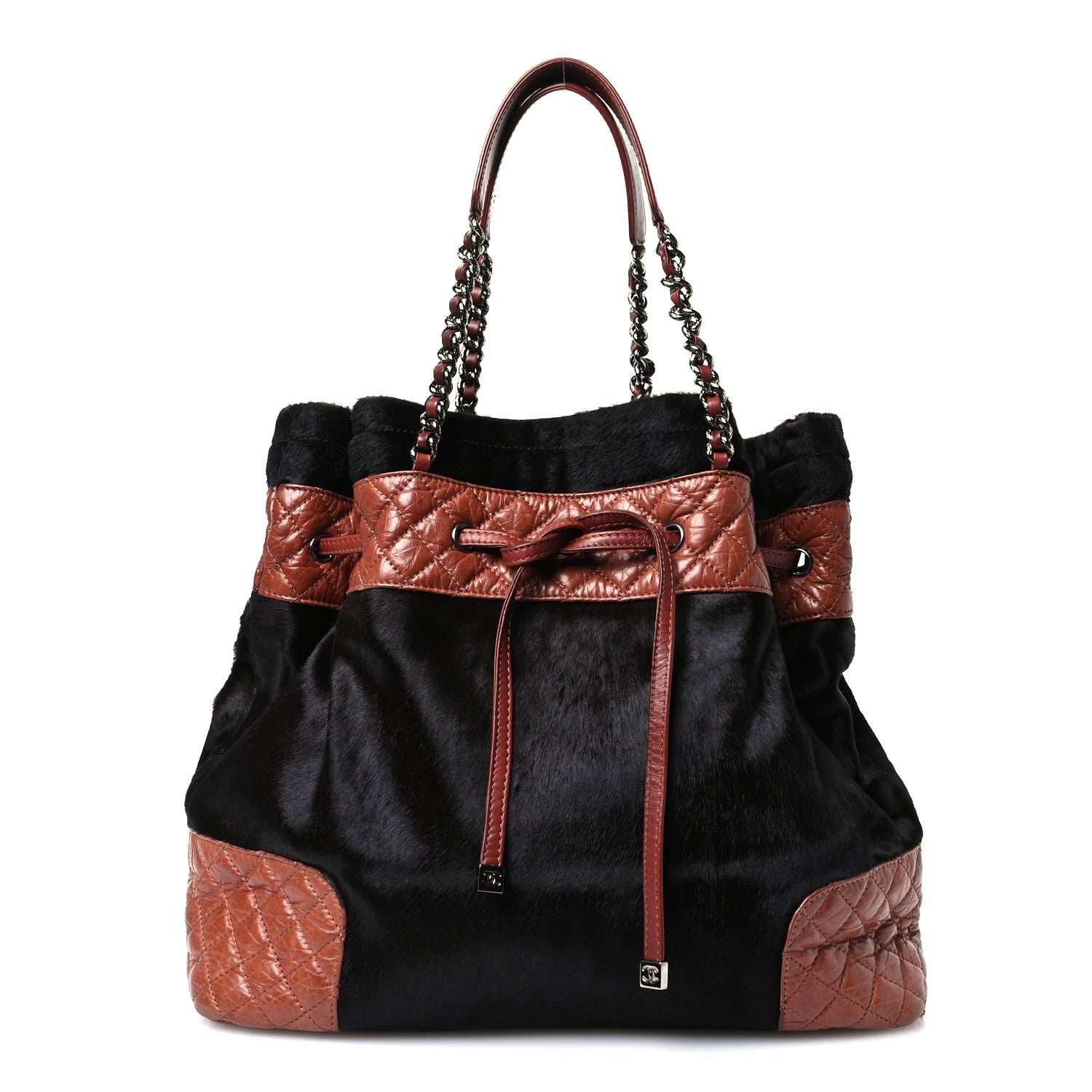 Aged Calfskin Pony Hair Quilted Miss Pony Drawstring Tote Brown