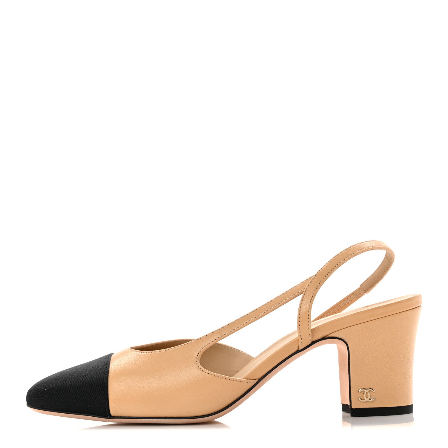 Goatskin Grosgrain Cap Toe CC Slingback Pumps 39 Beige Black