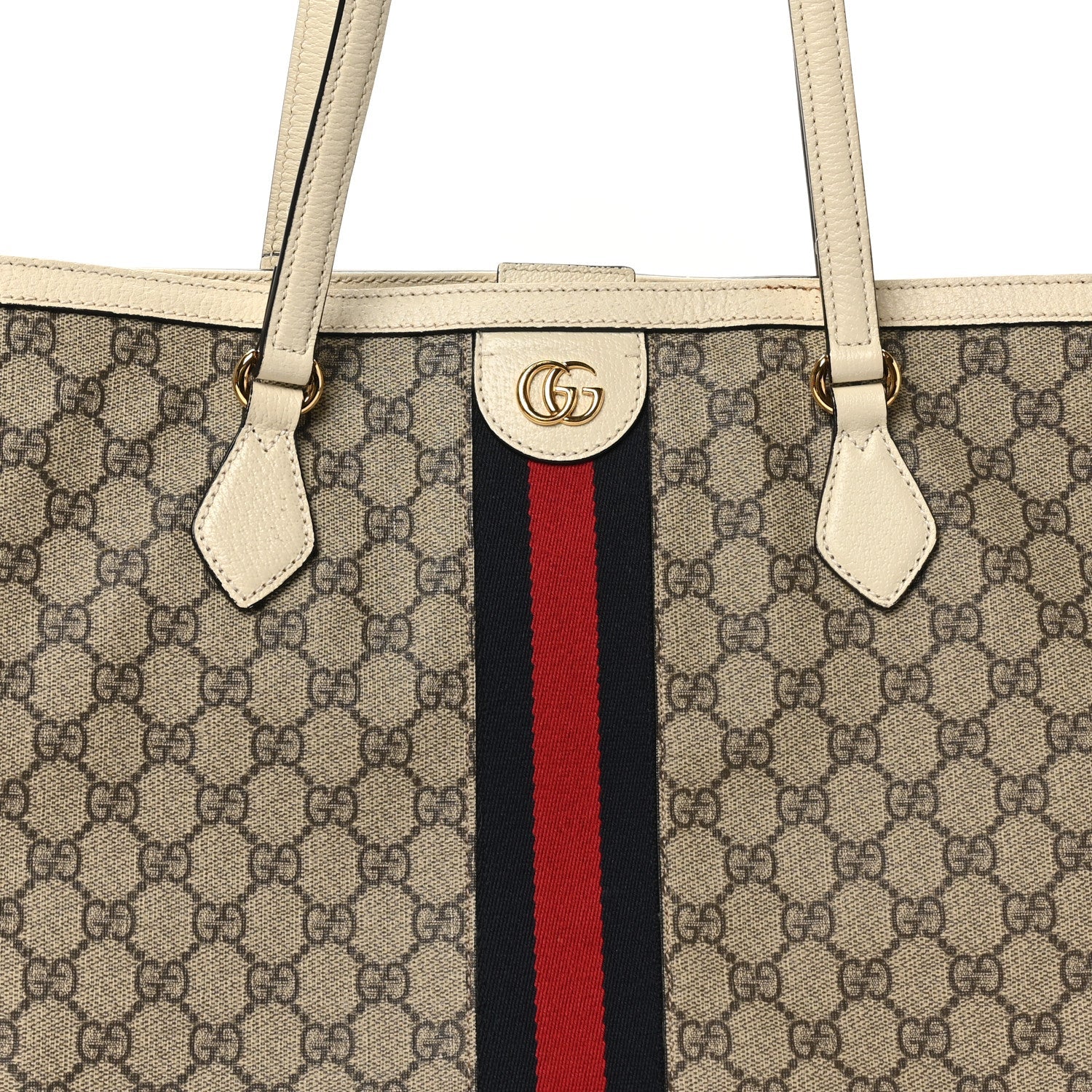 GG Supreme Monogram Textured Dollar Calfskin Web Medium Ophidia Shopping Tote Beige Ebony Mystic White