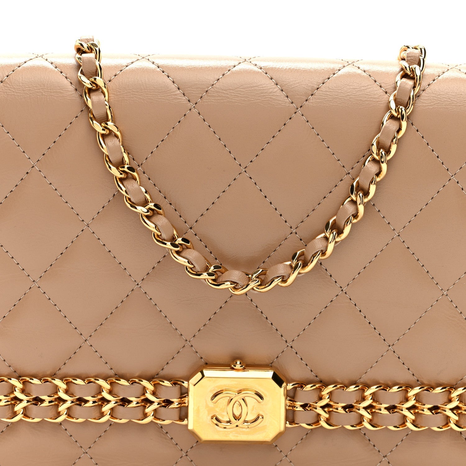 Shiny Aged Calfskin Quilted Clutch With Chain Dark Beige