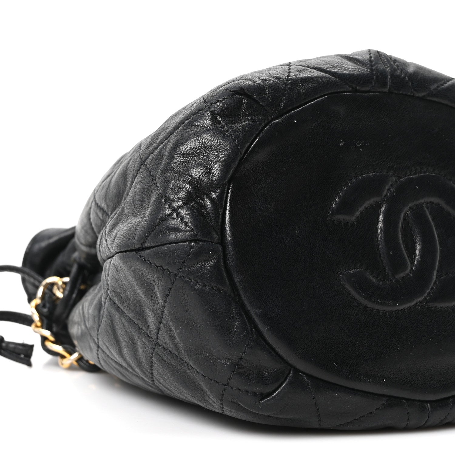 Lambskin Quilted Mini Drawstring Bucket Bag Black