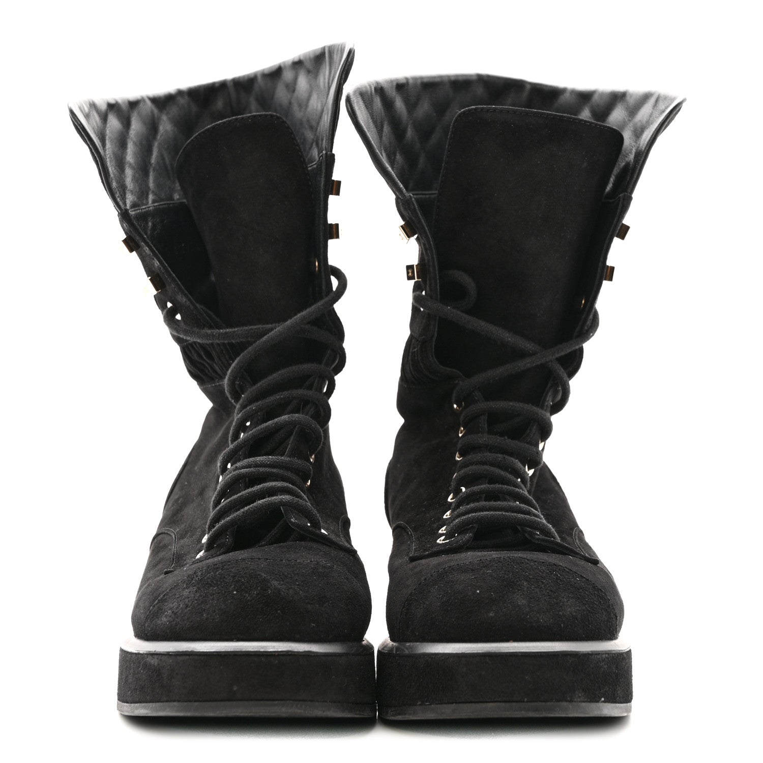 Suede Quilted Lace Up Combat Boots 38.5 Black