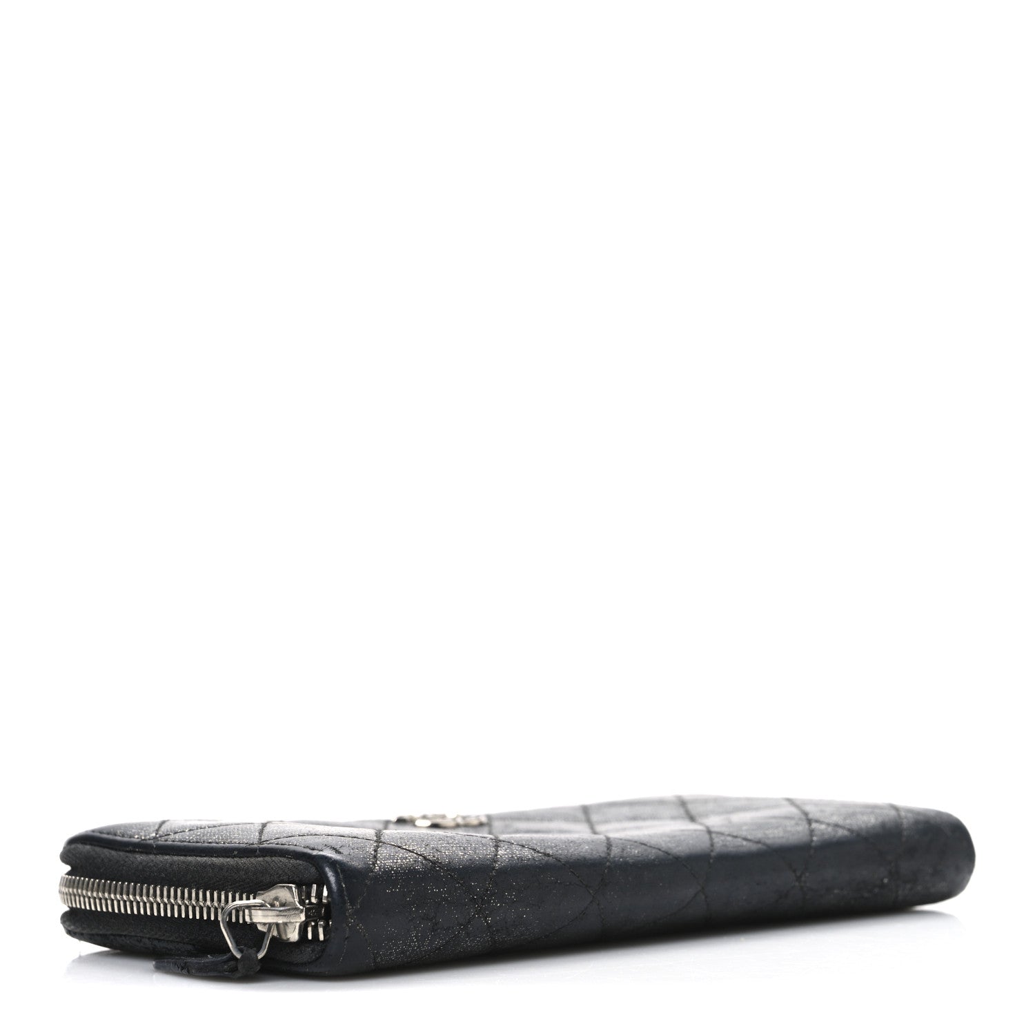 Iridescent Calfskin Quilted Zip Around Wallet Grey