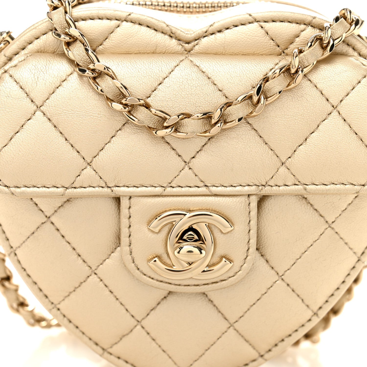 Metallic Lambskin Quilted CC In Love Heart Clutch With Chain Gold
