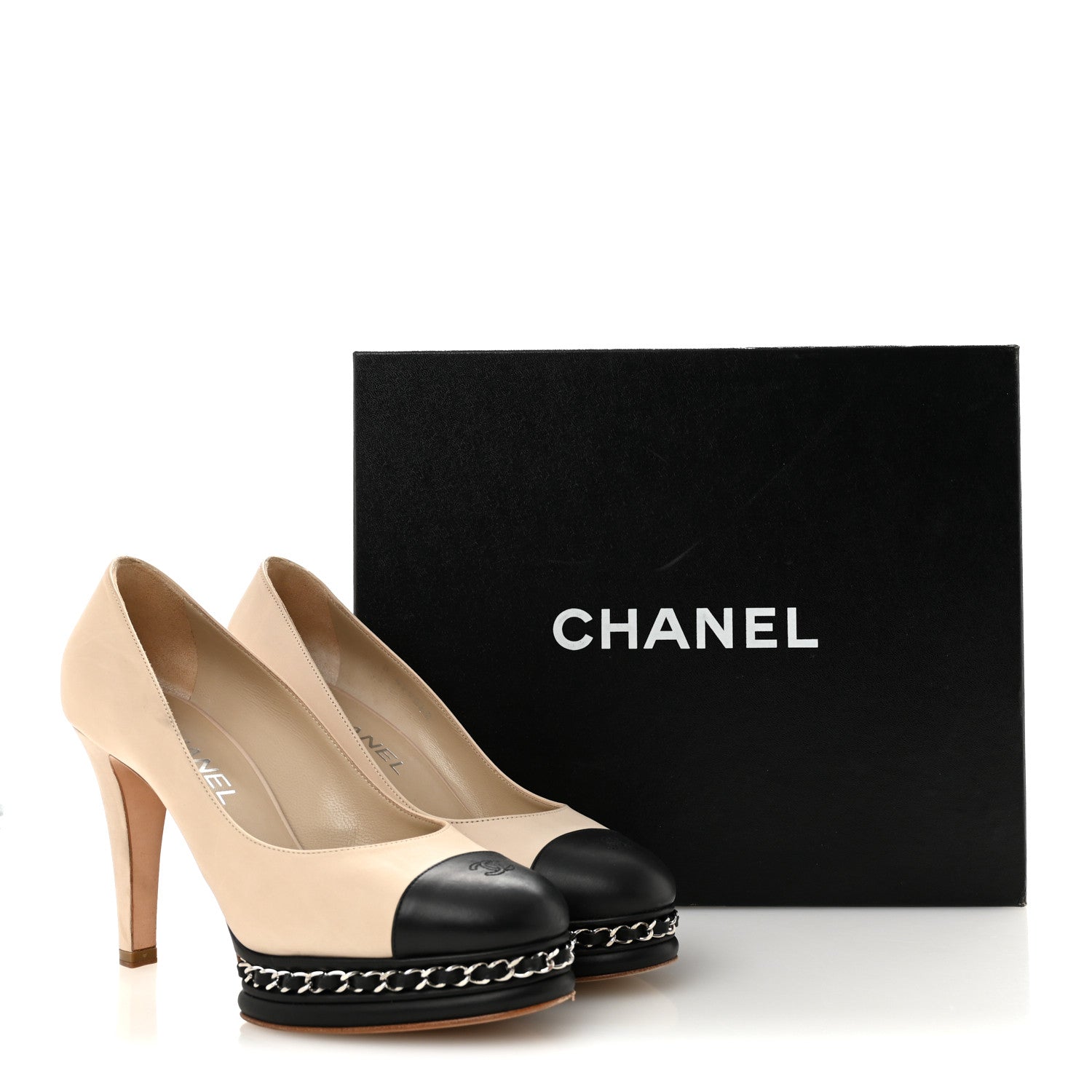 Calfskin CC Cap Toe Platform Chain Pumps 39 Beige Black