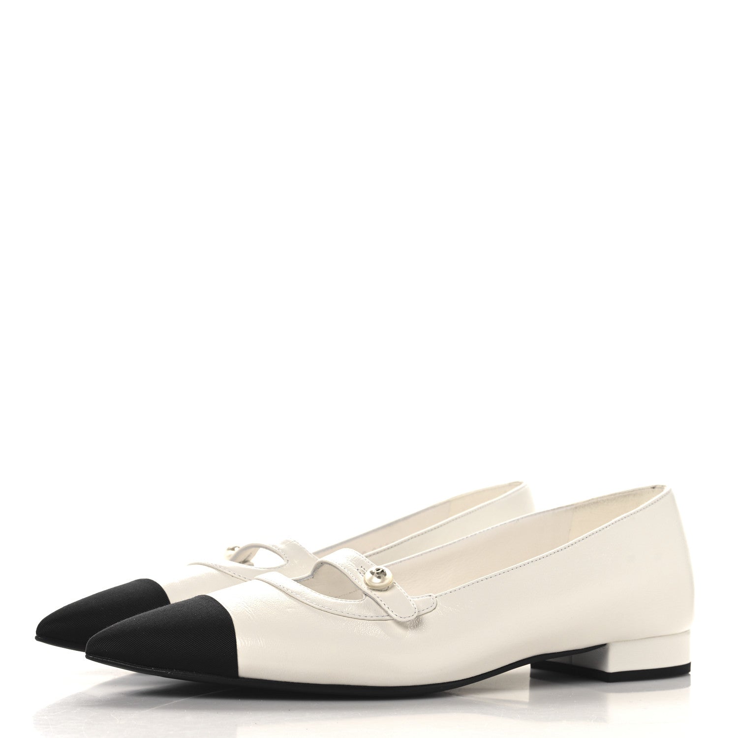 Shiny Lambskin Grosgrain Pearl Mary Janes Flats 40 White Black