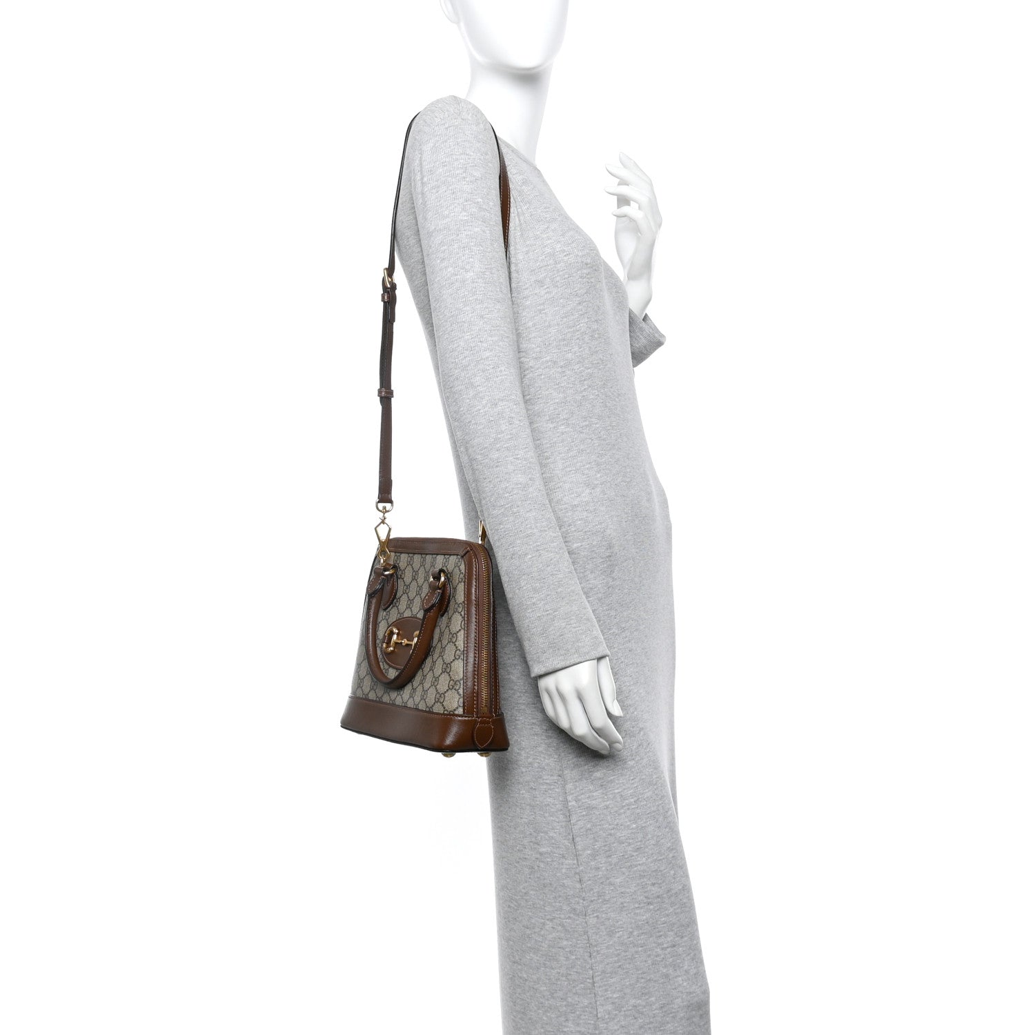 GG Supreme Monogram Azalea Calfskin Small Horsebit 1955 Top Handle Bag Beige Ebony Brown Sugar