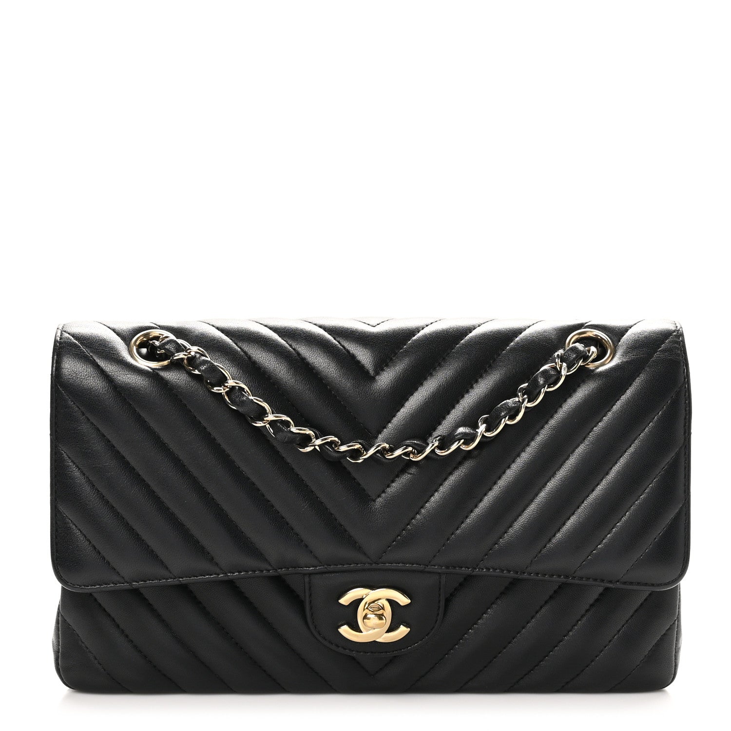 Lambskin Chevron Quilted Medium Double Flap Black