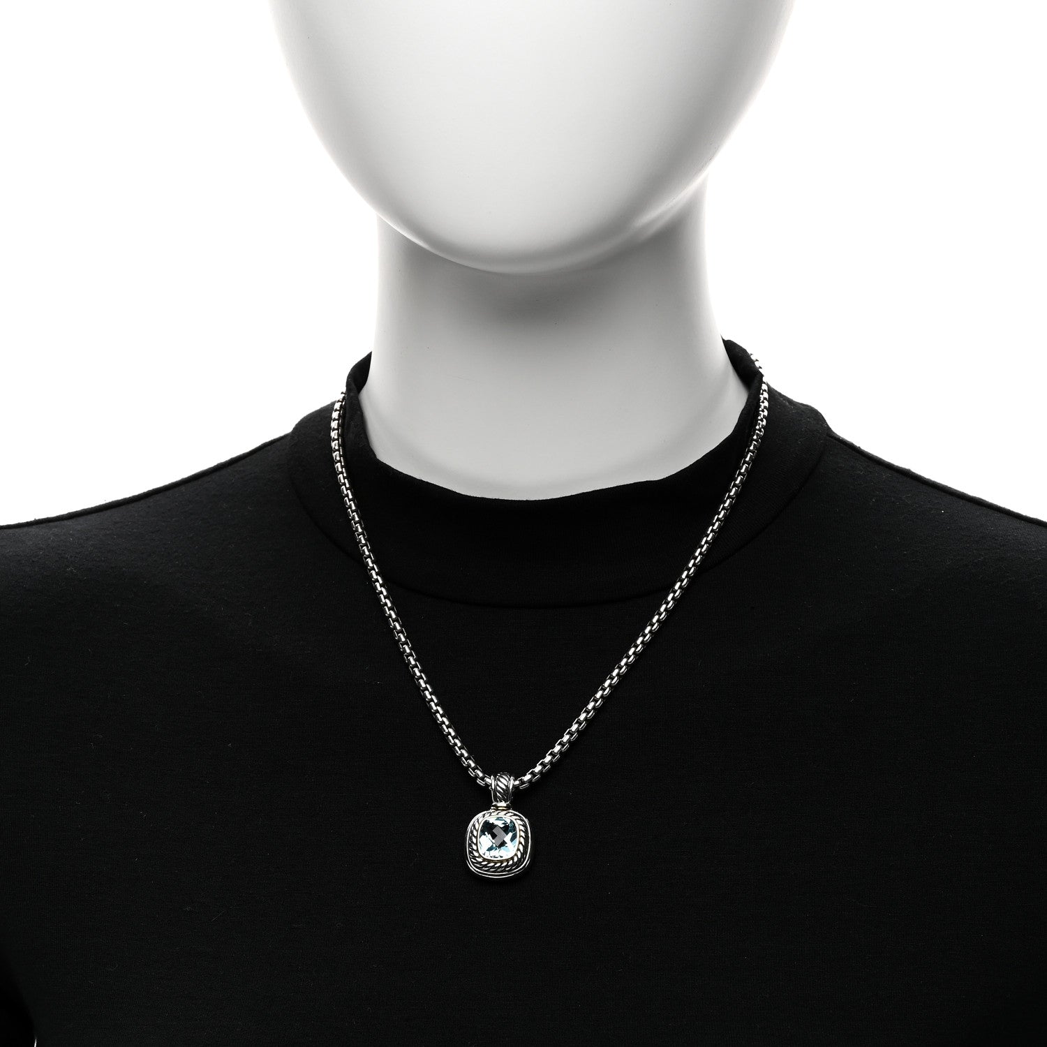 Sterling Silver 14K Yellow Gold Blue Topaz 12mm Albion Pendant Box Chain Necklace