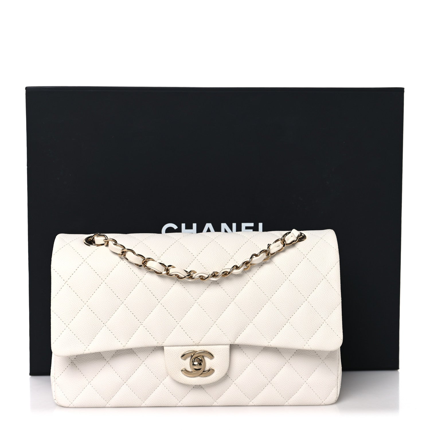 Caviar Quilted Medium Double Flap White